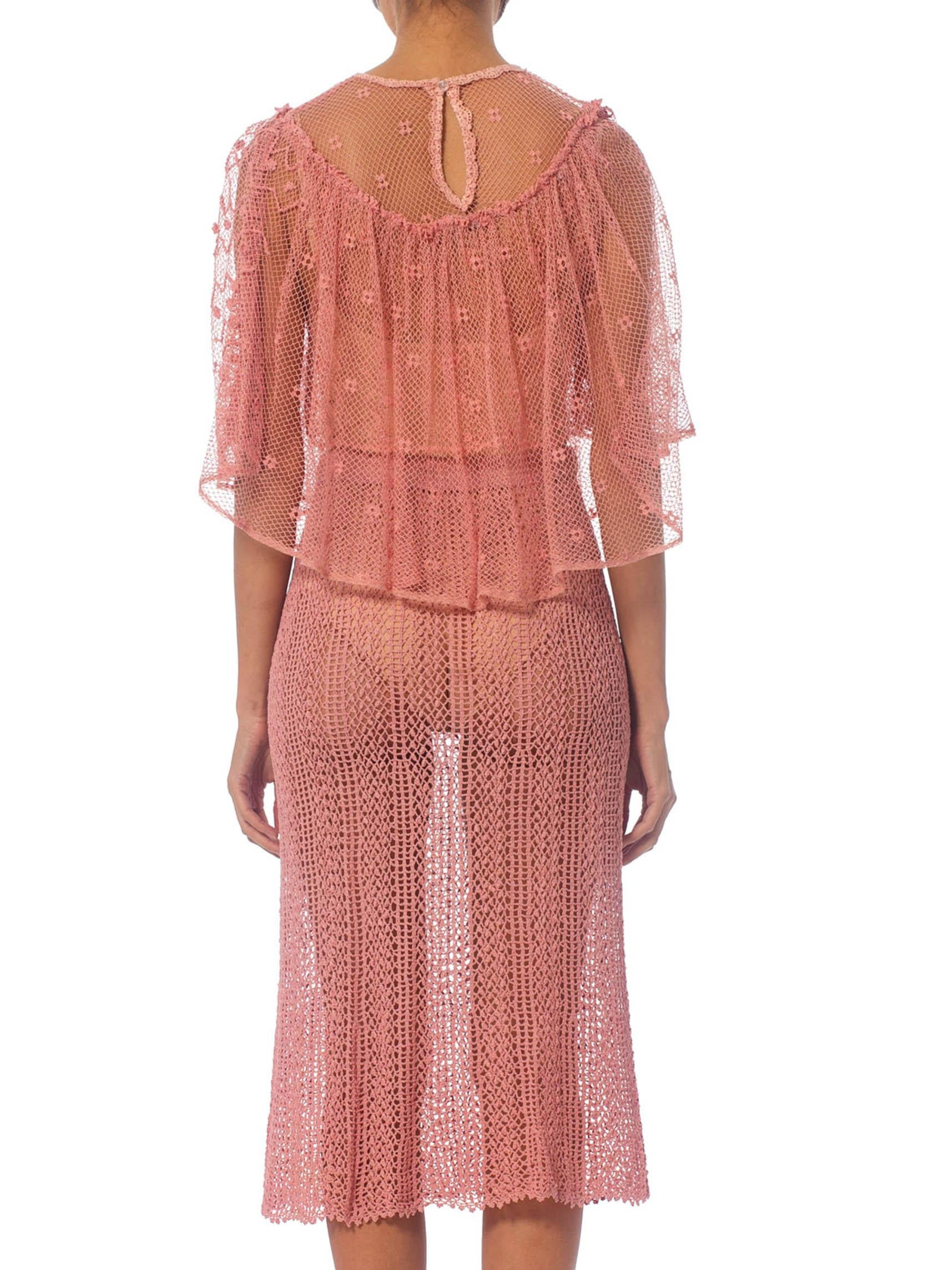 1970S Pink Hand Crochet Cotton Net Crop Top & Skirt Ensemble 1