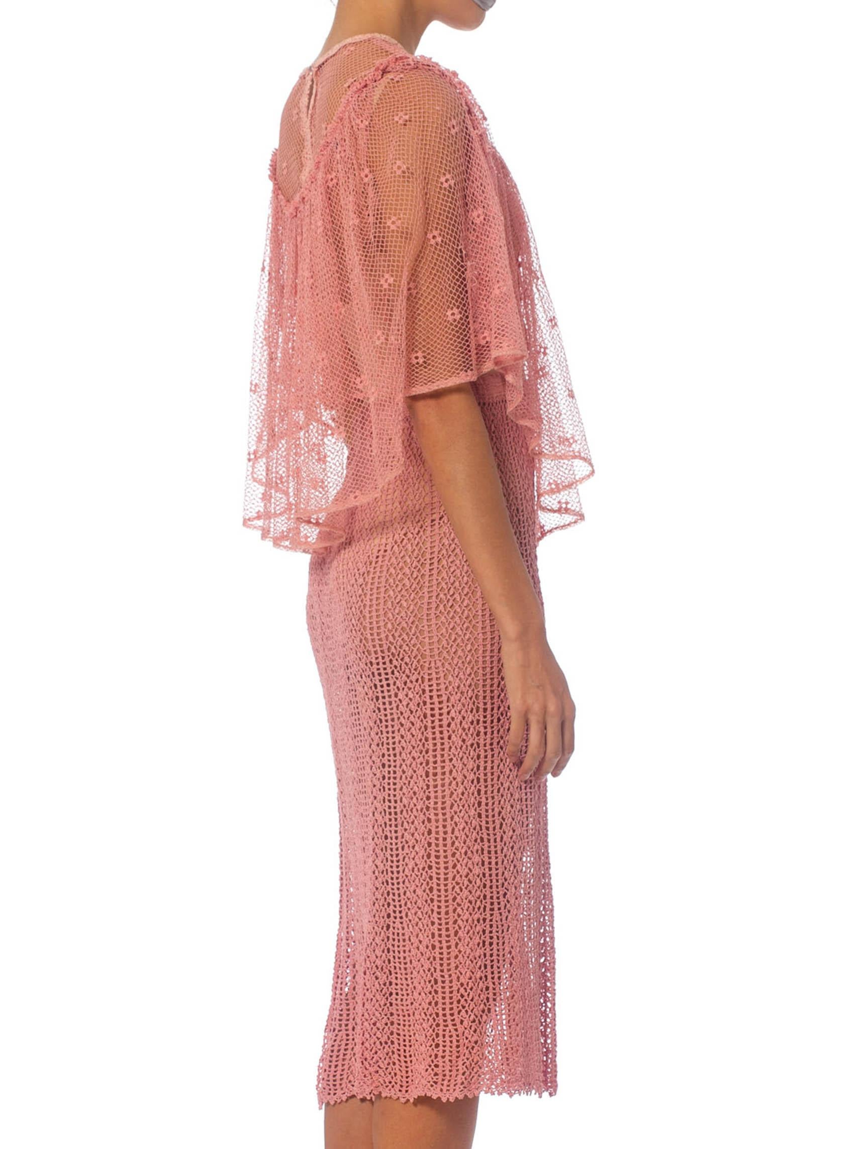 1970S Pink Hand Crochet Cotton Net Crop Top & Skirt Ensemble 2