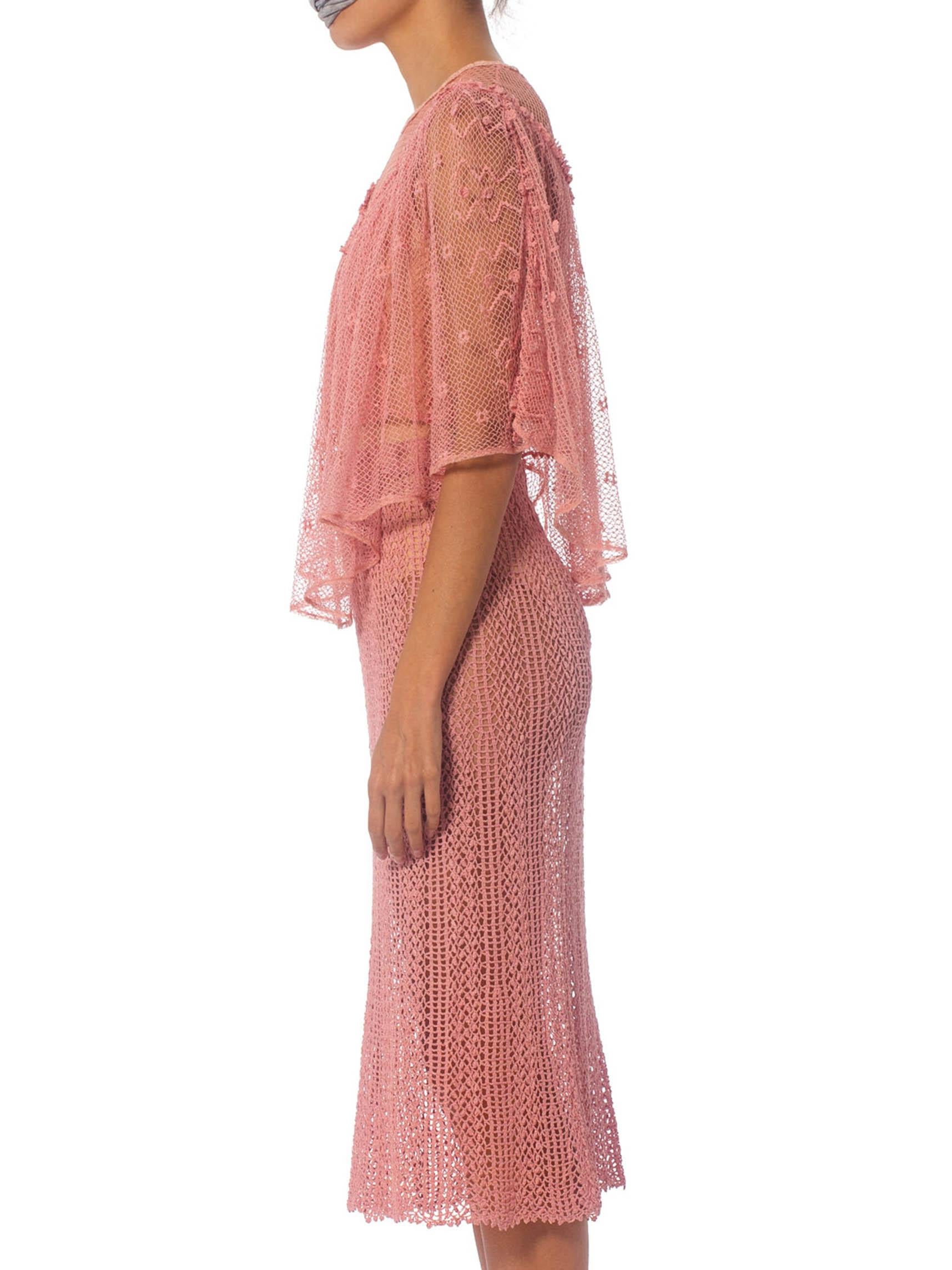 1970S Pink Hand Crochet Cotton Net Crop Top & Skirt Ensemble 3