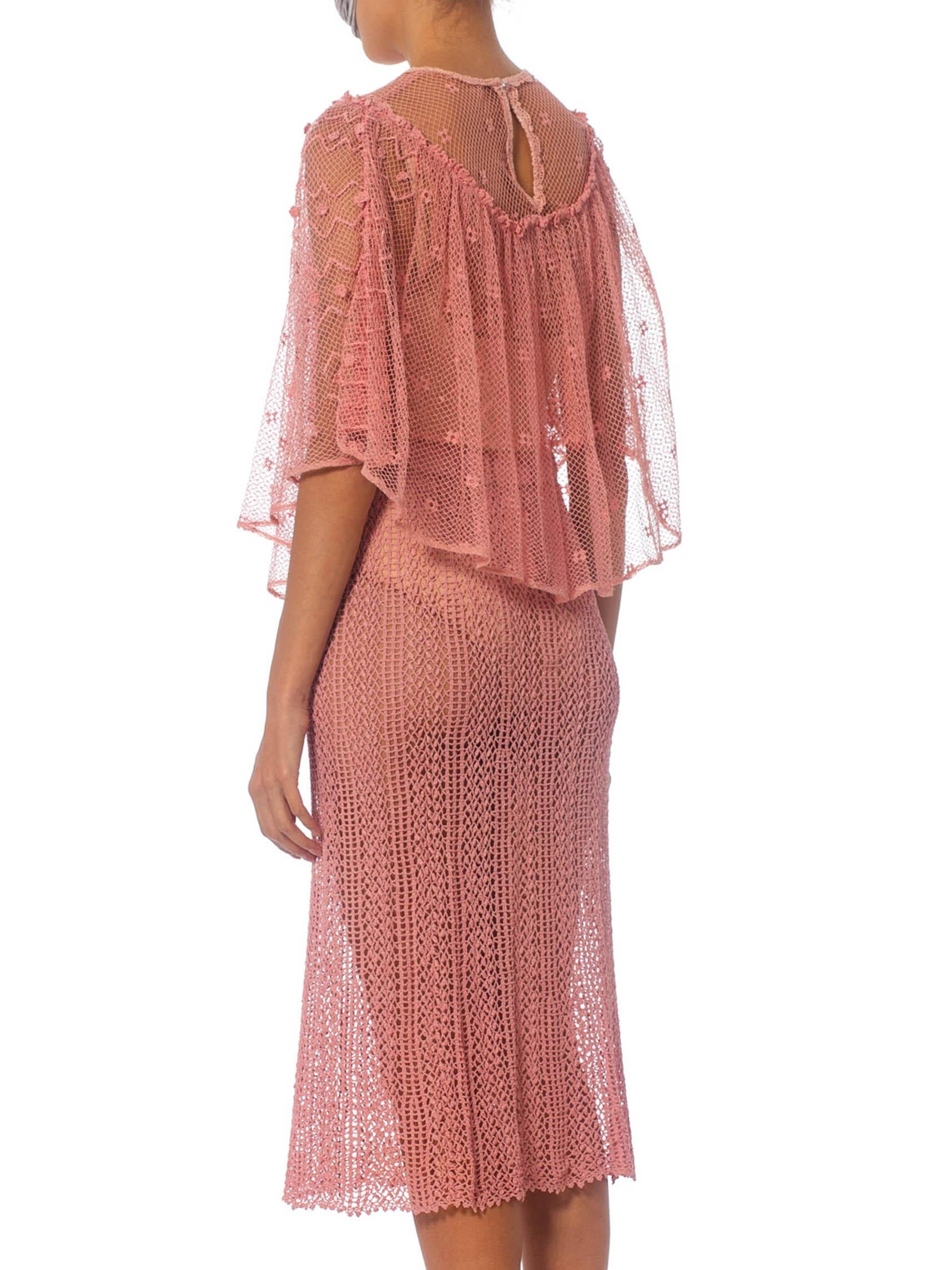 1970S Pink Hand Crochet Cotton Net Crop Top & Skirt Ensemble 4