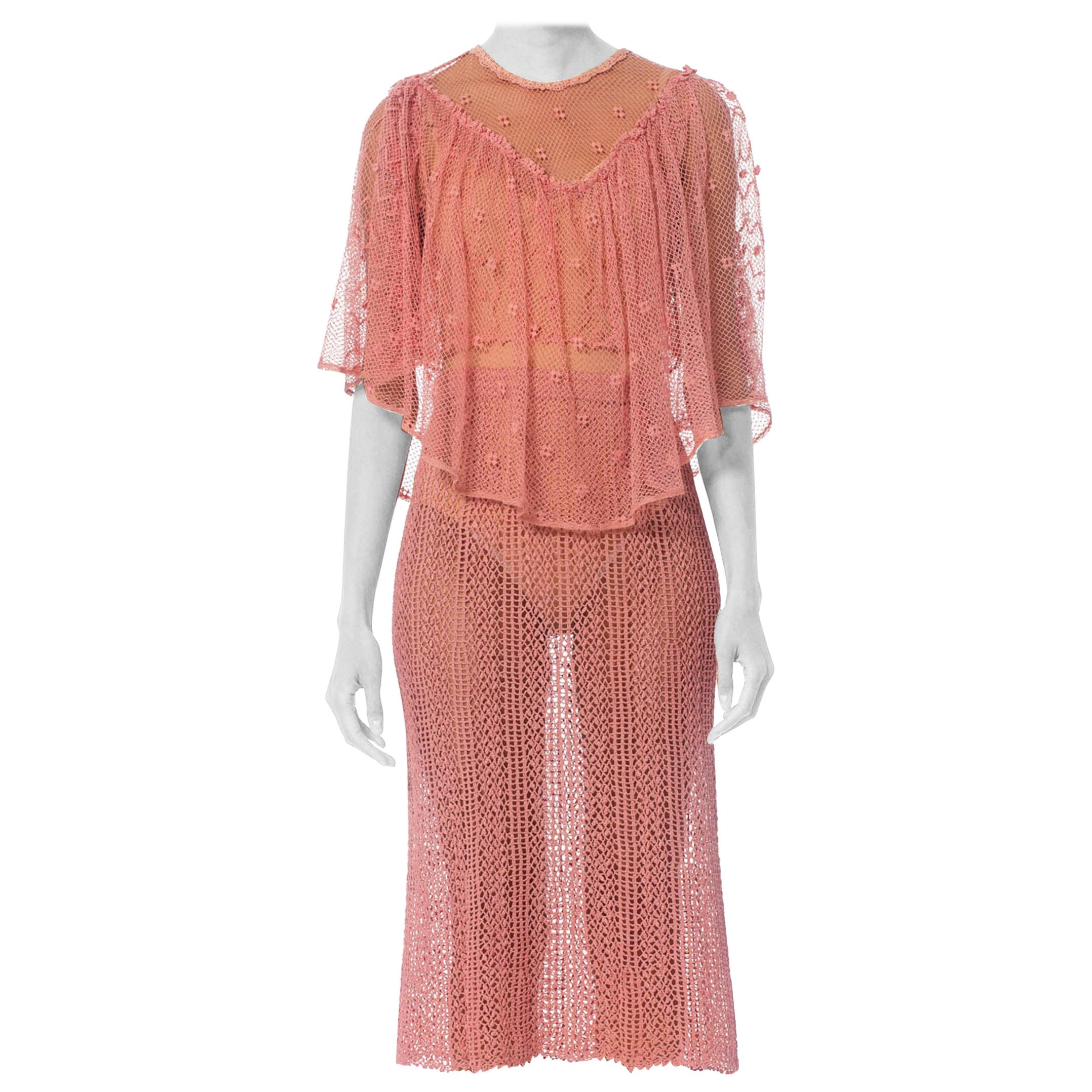 1970S Pink Hand Crochet Cotton Net Crop Top & Skirt Ensemble