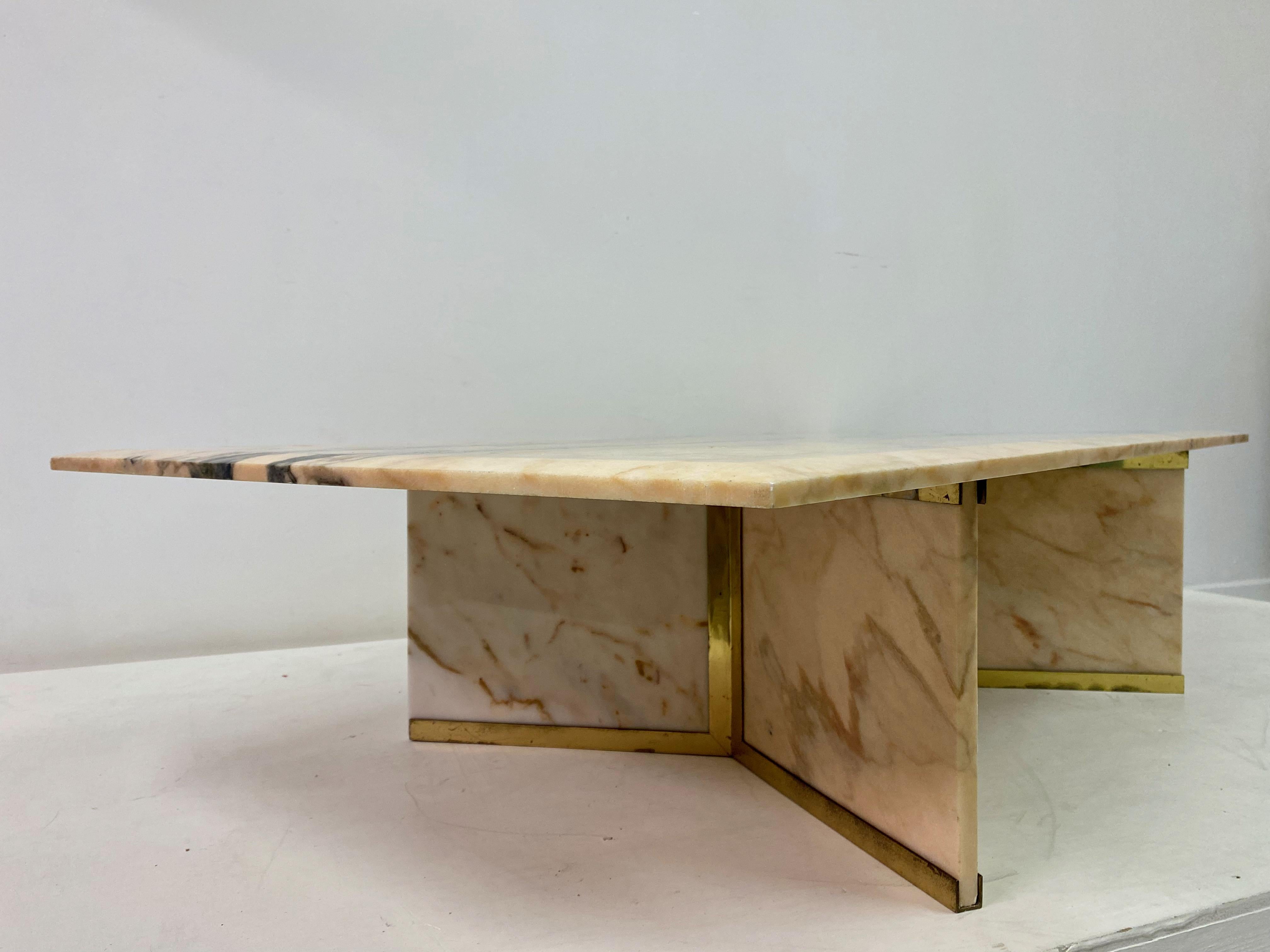 1970s Pink Marble and Brass Coffee Table 3