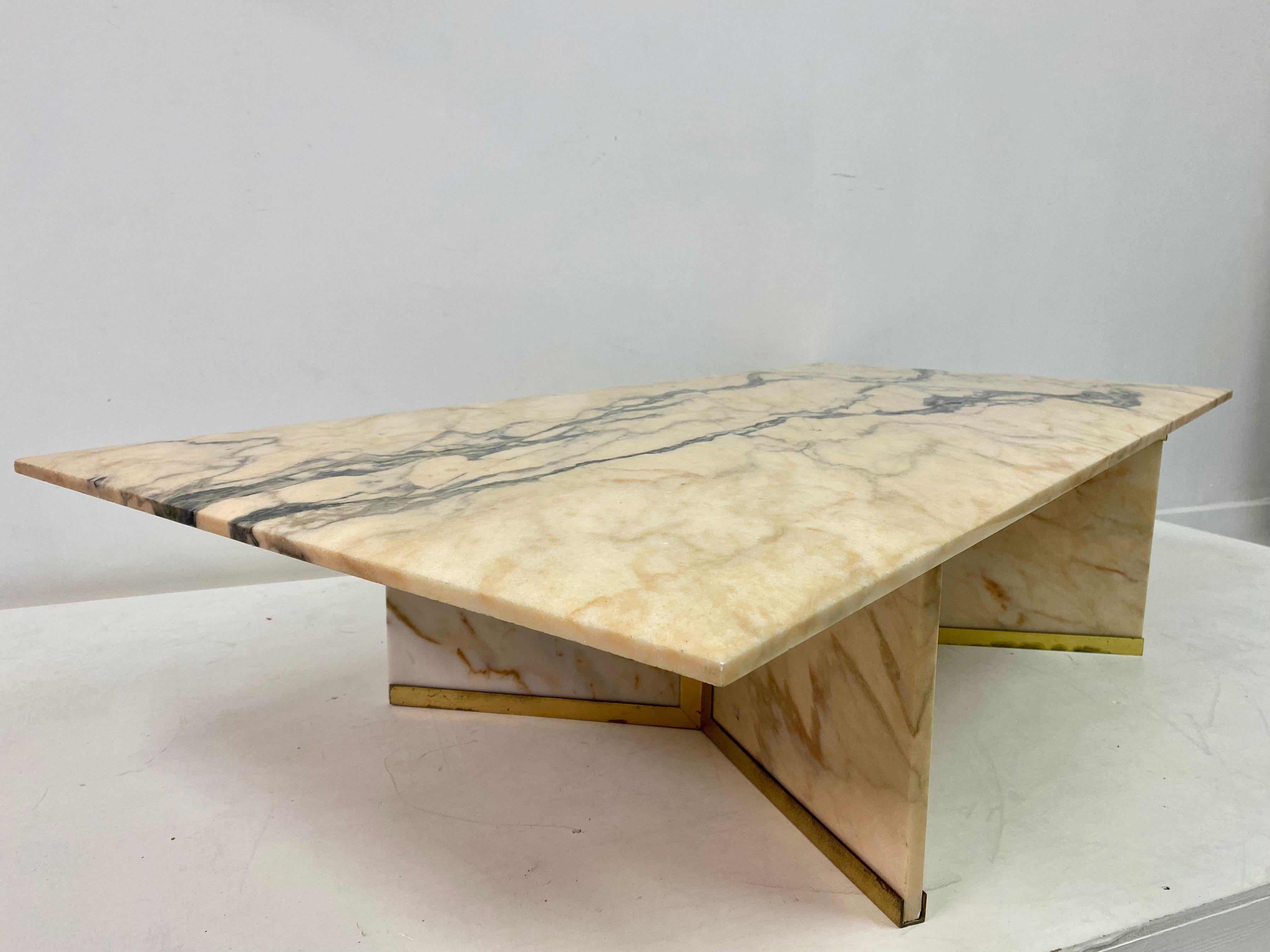 1970s Pink Marble and Brass Coffee Table 4