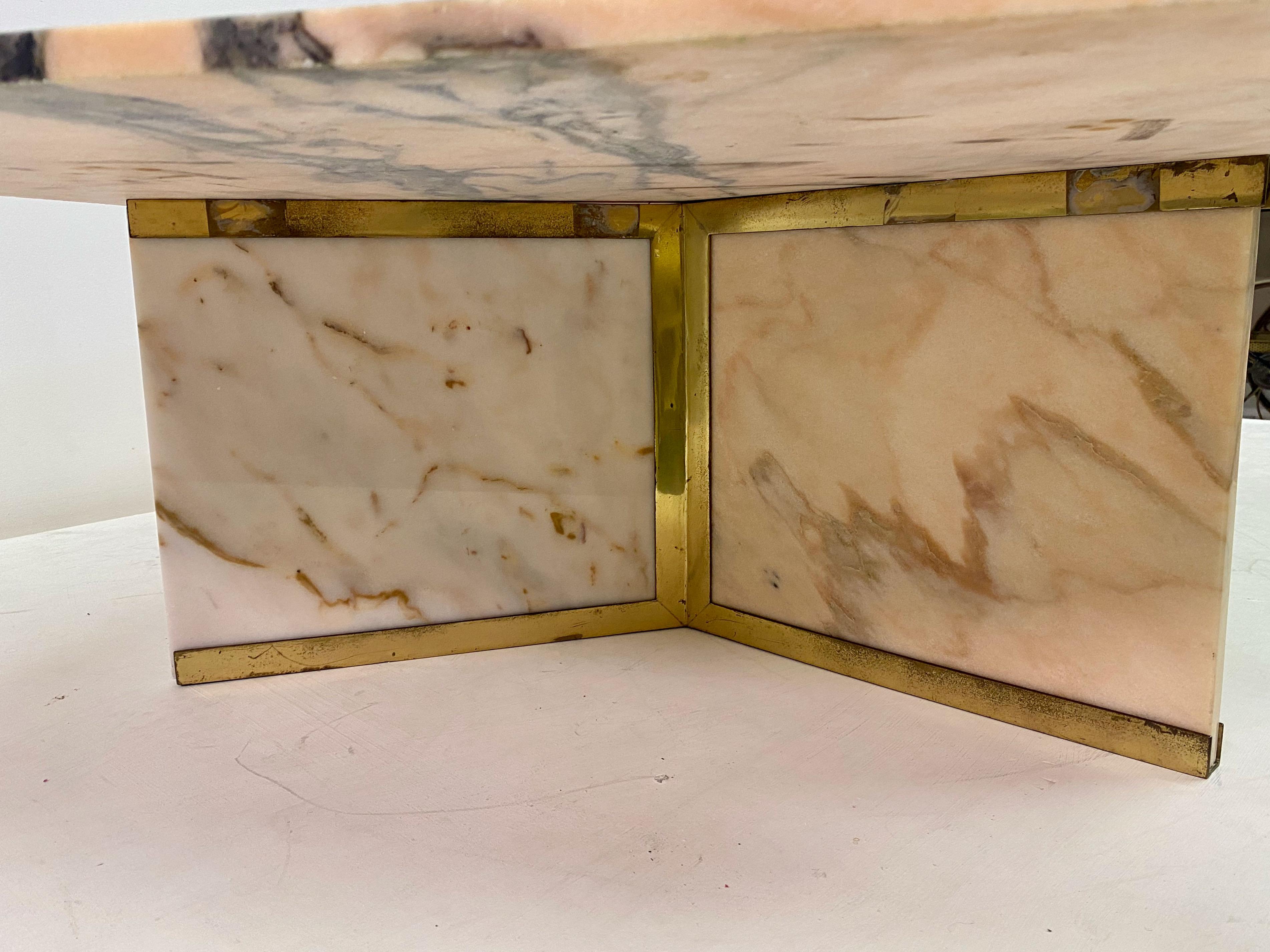 1970s Pink Marble and Brass Coffee Table 5