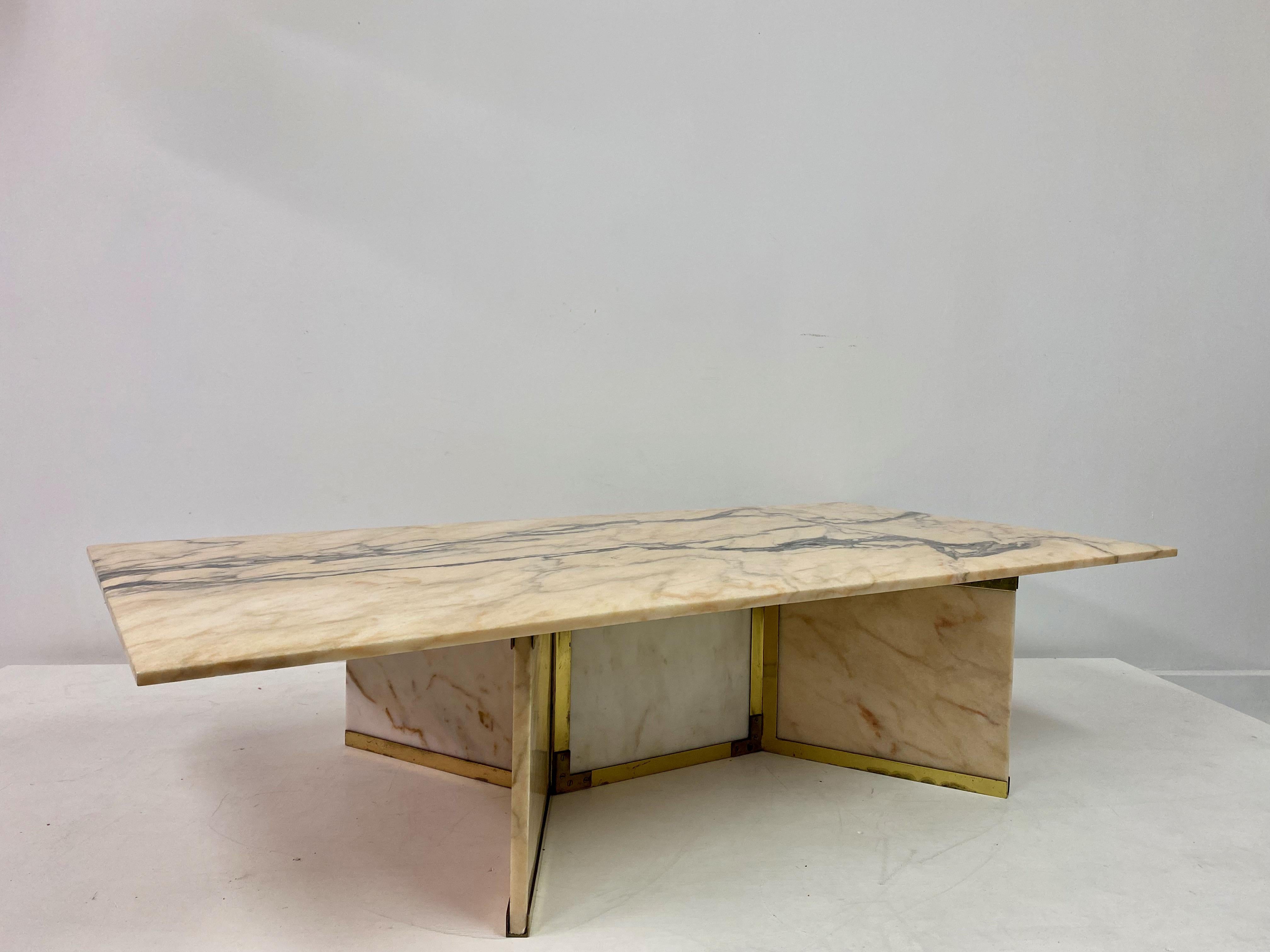 20th Century 1970s Pink Marble and Brass Coffee Table