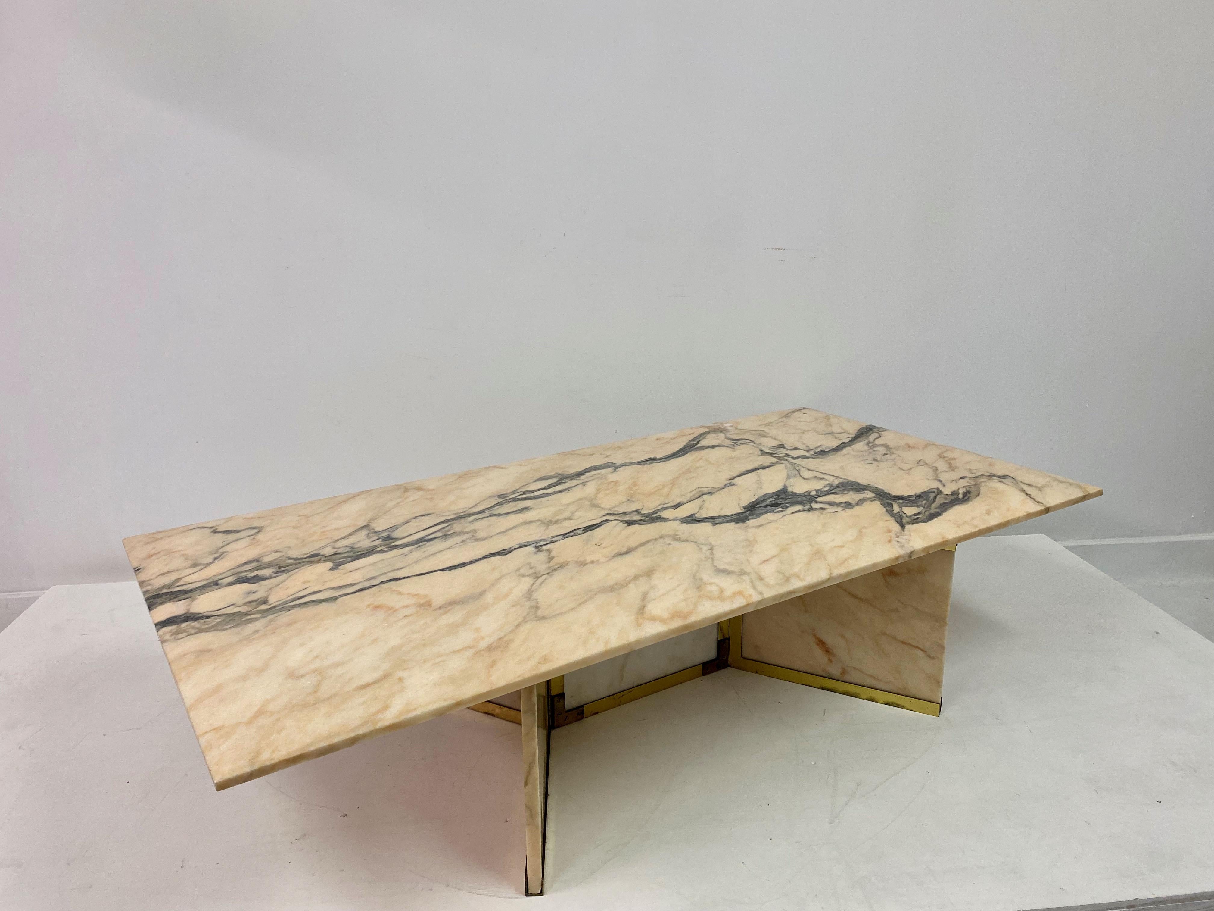 1970s Pink Marble and Brass Coffee Table 1