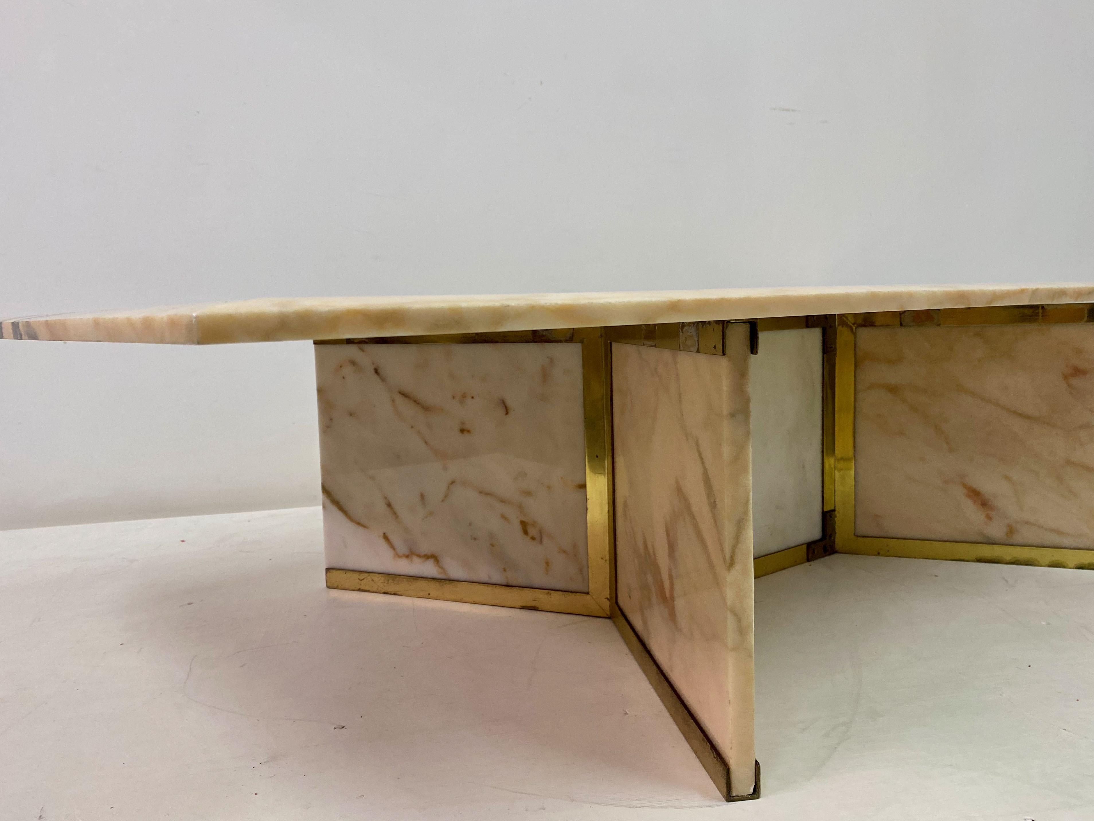 1970s Pink Marble and Brass Coffee Table 2