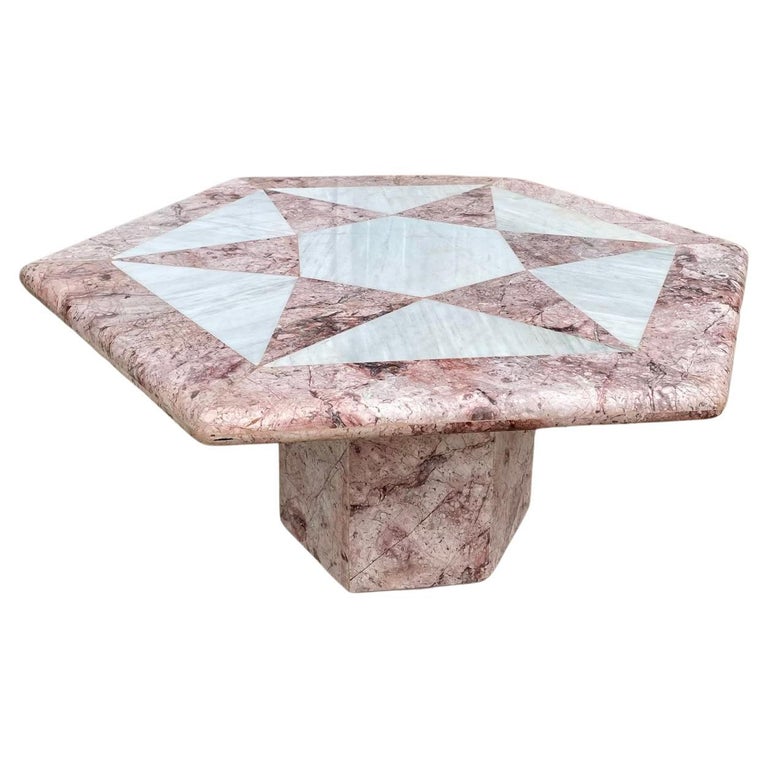 1970s Pink Marble Hexagon Postmodern Vintage Coffee Table For Sale at