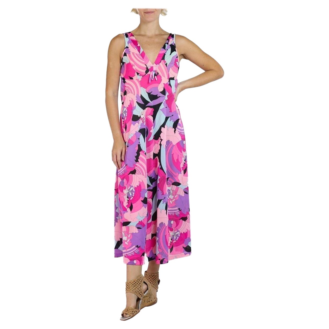 1970S Rosa, Lila & Schwarz Psychedelic Print Kleid