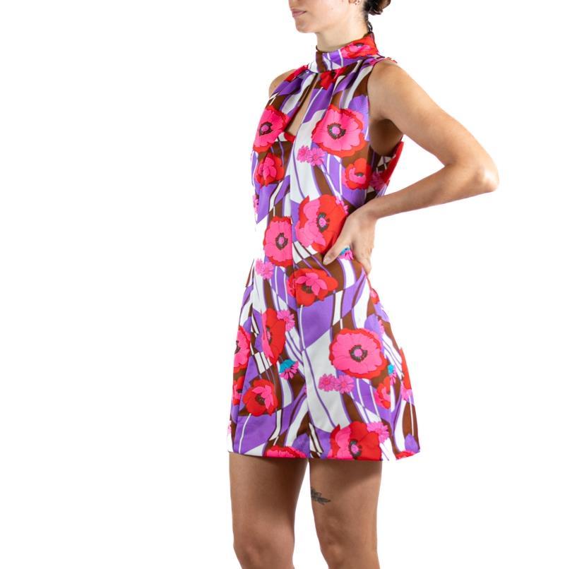 1970S Pink & Purple Floral Cocktail Dress In Good Condition For Sale In New York, NY