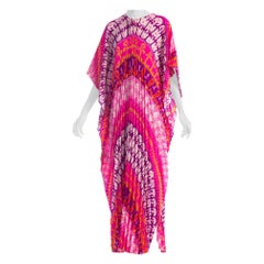 1970's Pink & Purple Psychedelic Cotton Barkcloth Pleated Kaftan 