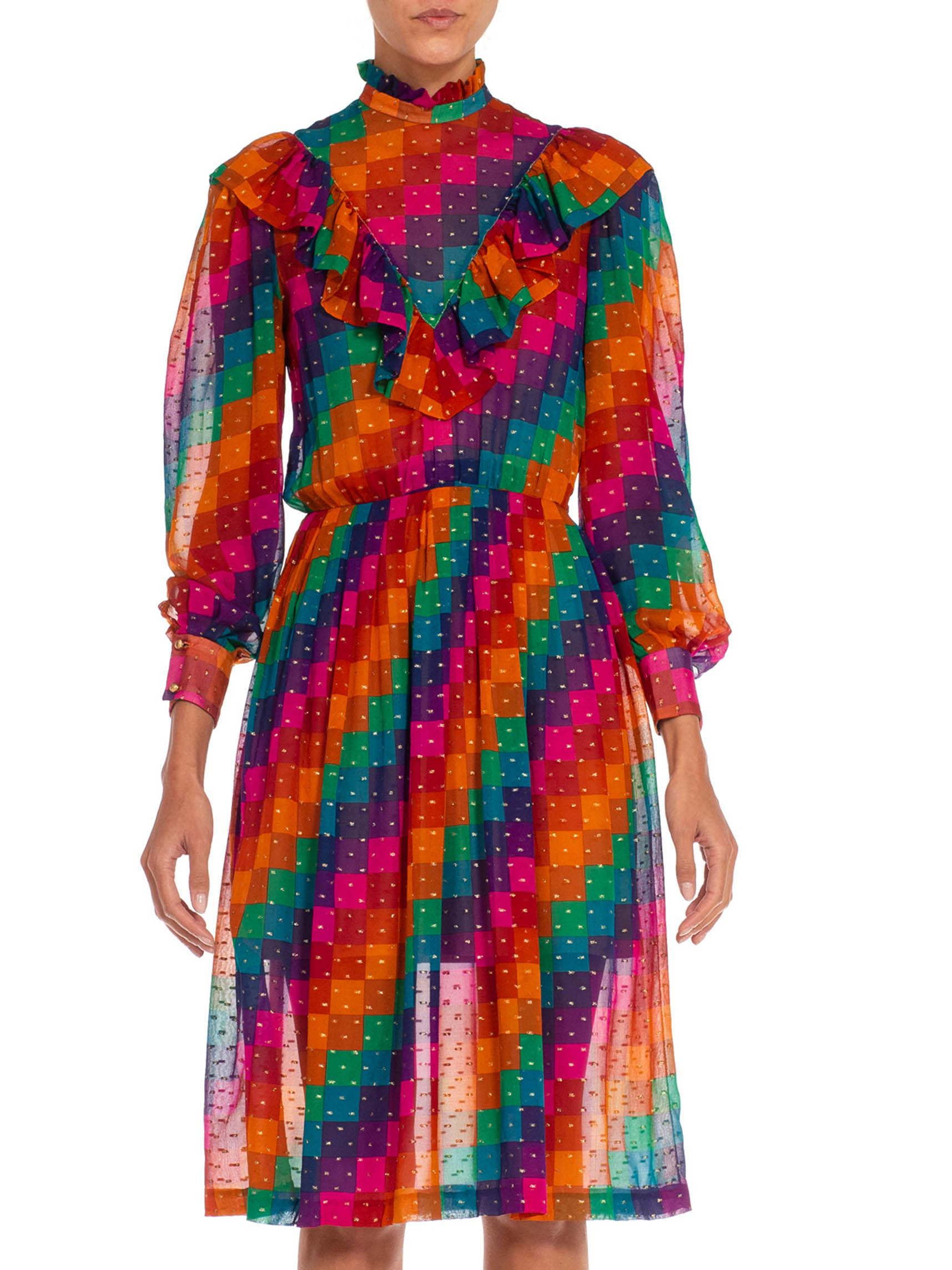 Women's 1970S Pink & Purple Silk Chiffon Geometric Ruffle Dress For Sale