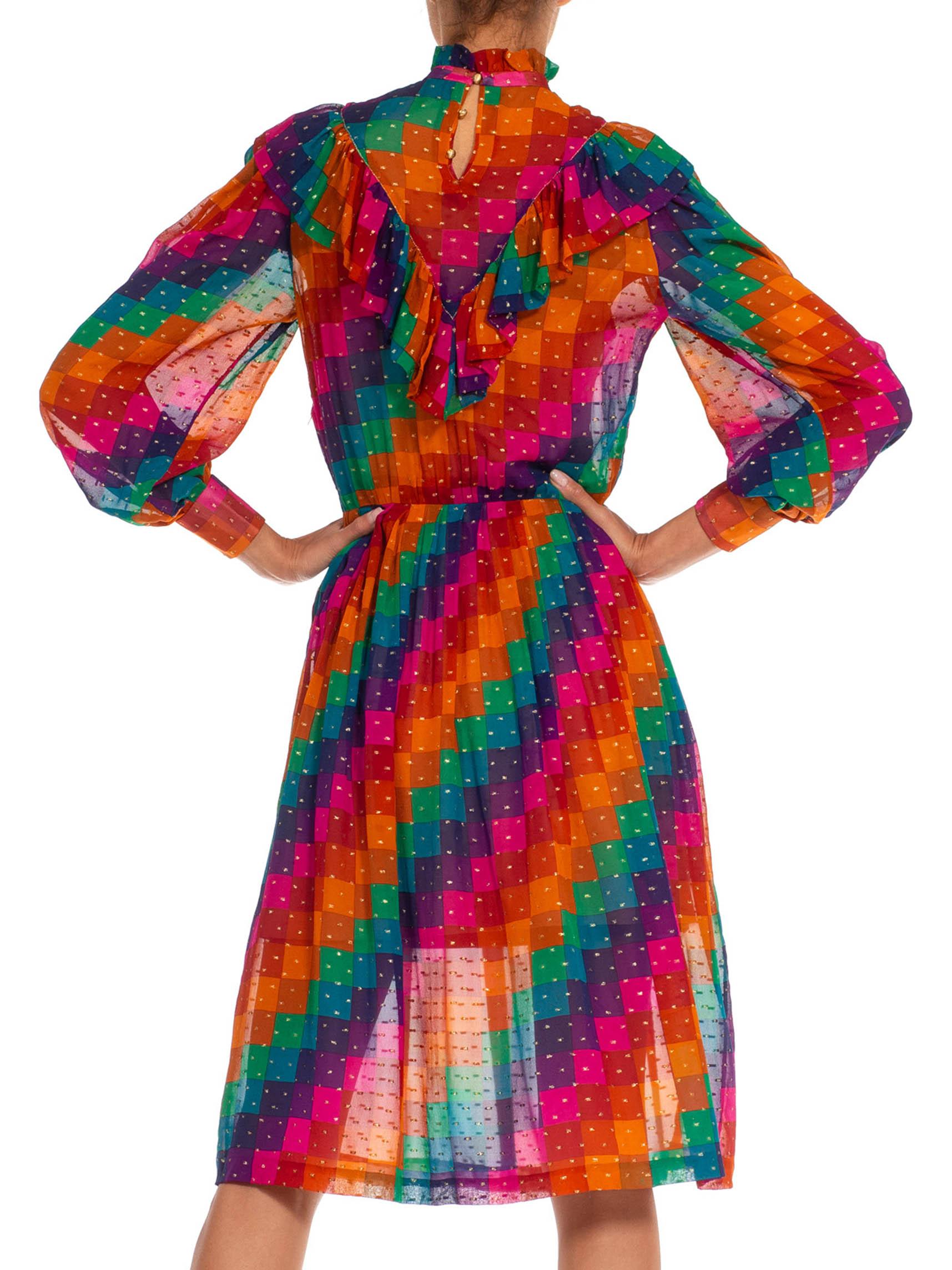 1970S Pink & Purple Silk Chiffon Geometric Ruffle Dress For Sale 2