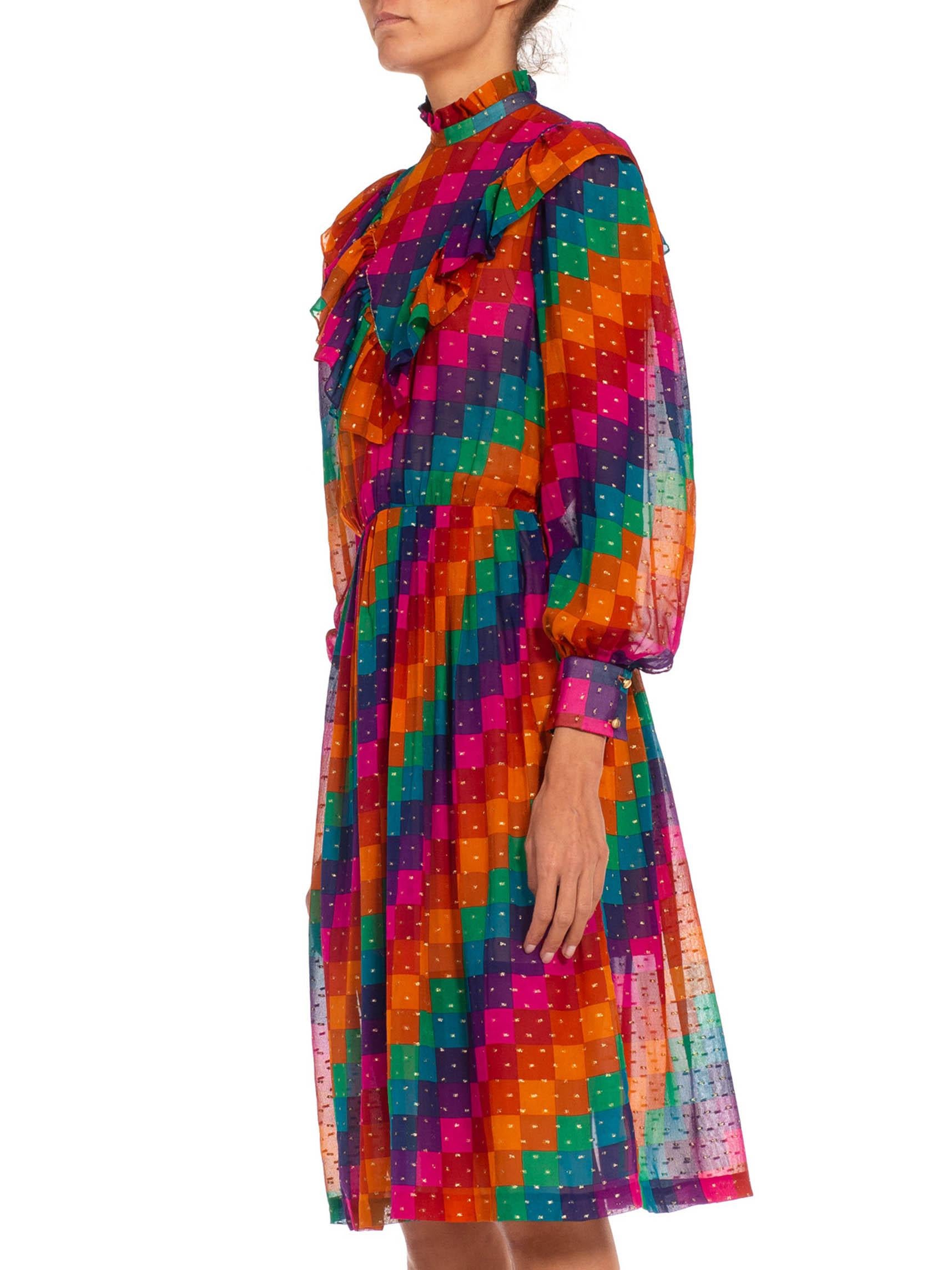 1970S Pink & Purple Silk Chiffon Geometric Ruffle Dress For Sale 3