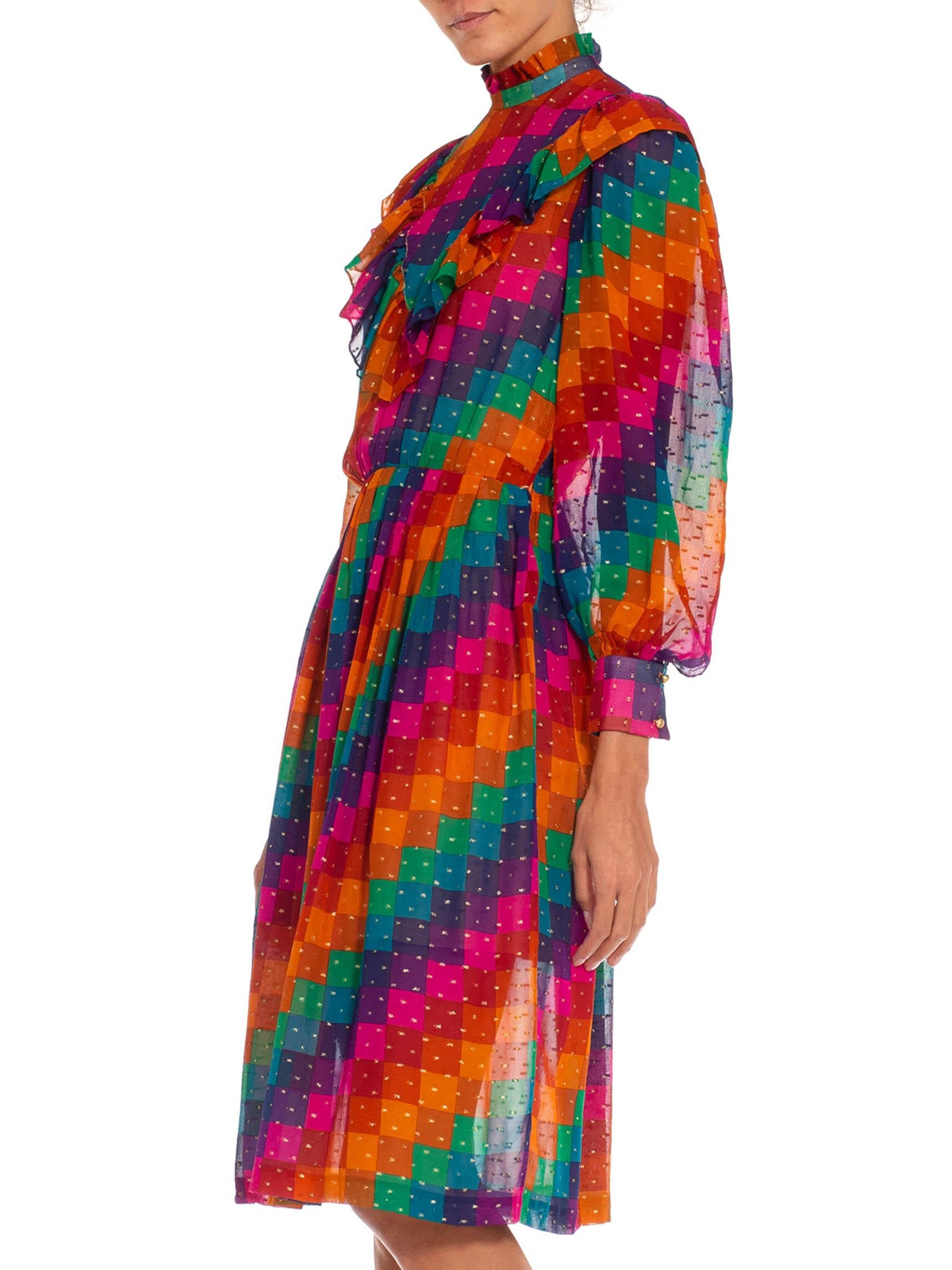 1970S Pink & Purple Silk Chiffon Geometric Ruffle Dress For Sale 4
