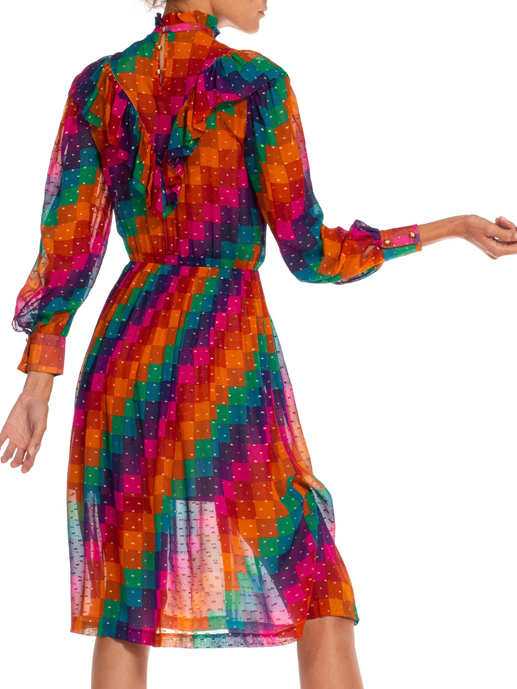 1970S Pink & Purple Silk Chiffon Geometric Ruffle Dress For Sale 5