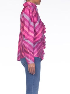 1970S Pink  & Purple Silk Taffeta Bias Cut Chevron Ruffled Blouse