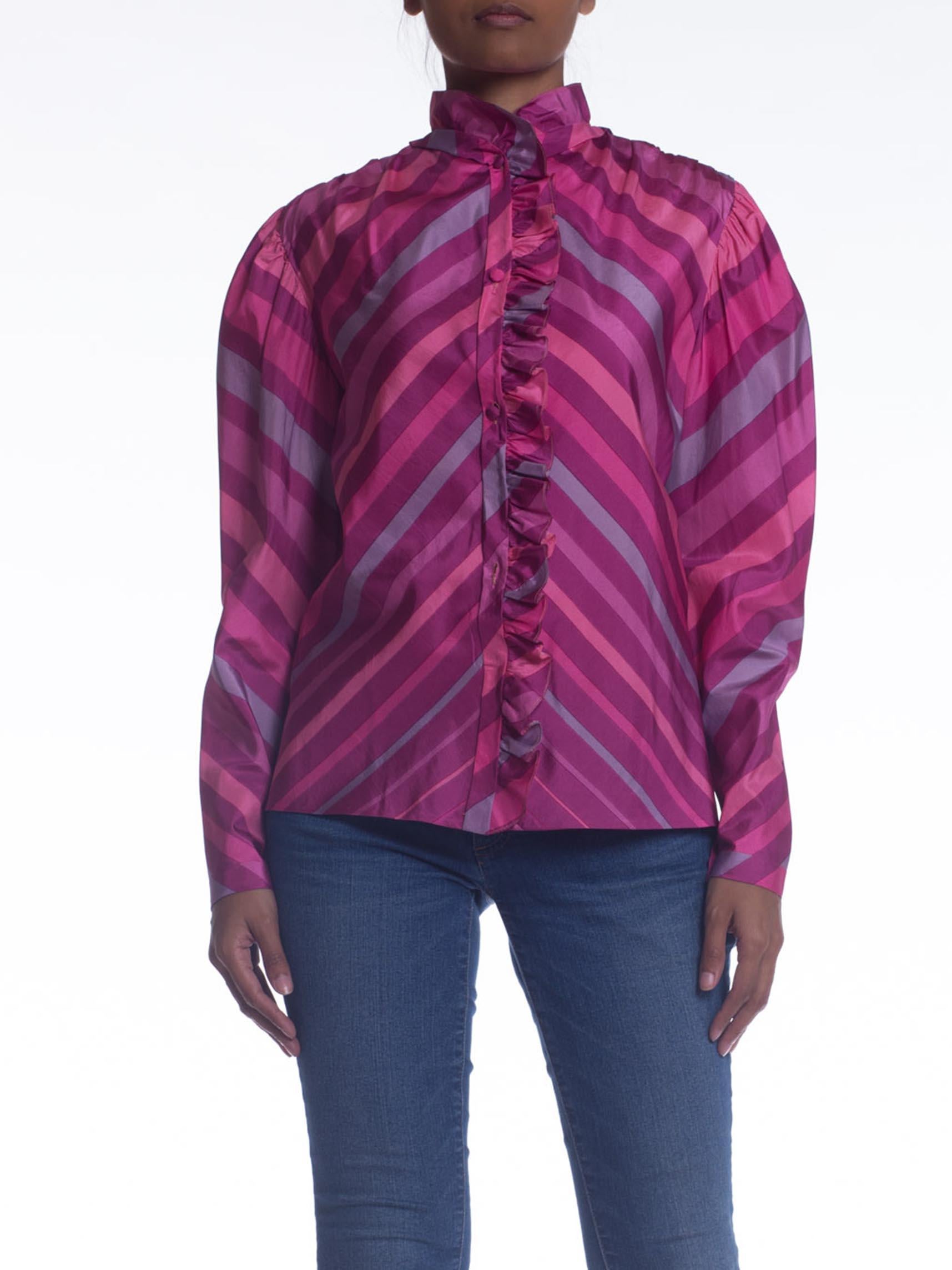 1970S Pink  & Purple Silk Taffeta Bias Cut Chevron Ruffled Blouse In Excellent Condition For Sale In New York, NY