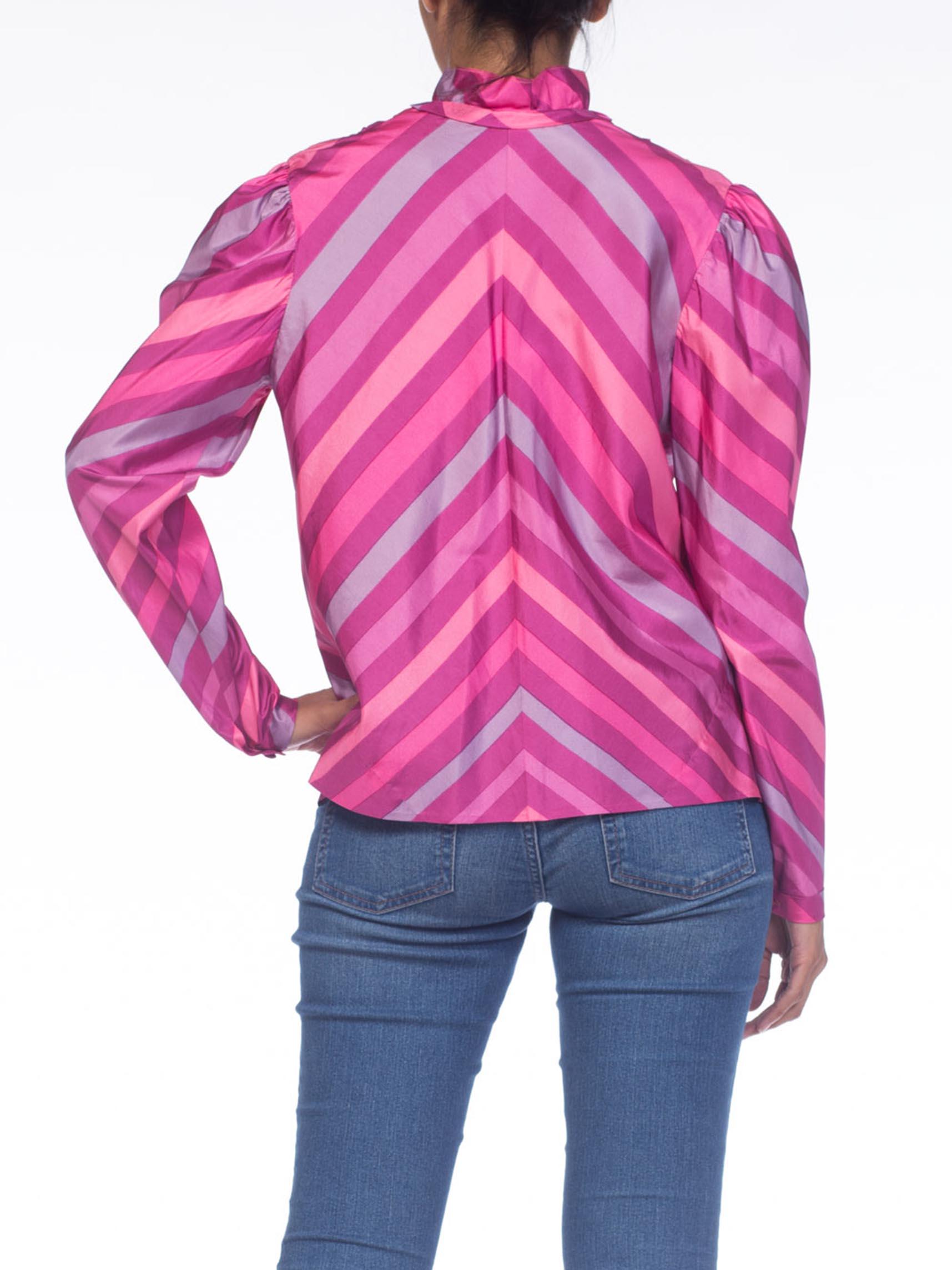 Women's 1970S Pink  & Purple Silk Taffeta Bias Cut Chevron Ruffled Blouse For Sale