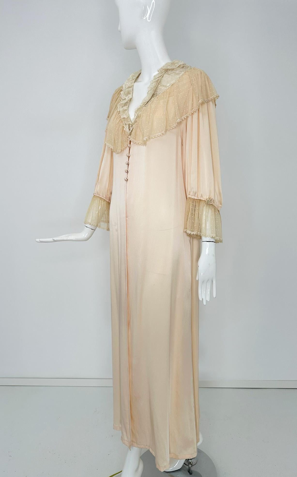 1970s Pink Silk & Antique Lace Dressing Gown with Ribbon Rosettes & Dotted Tulle For Sale 5