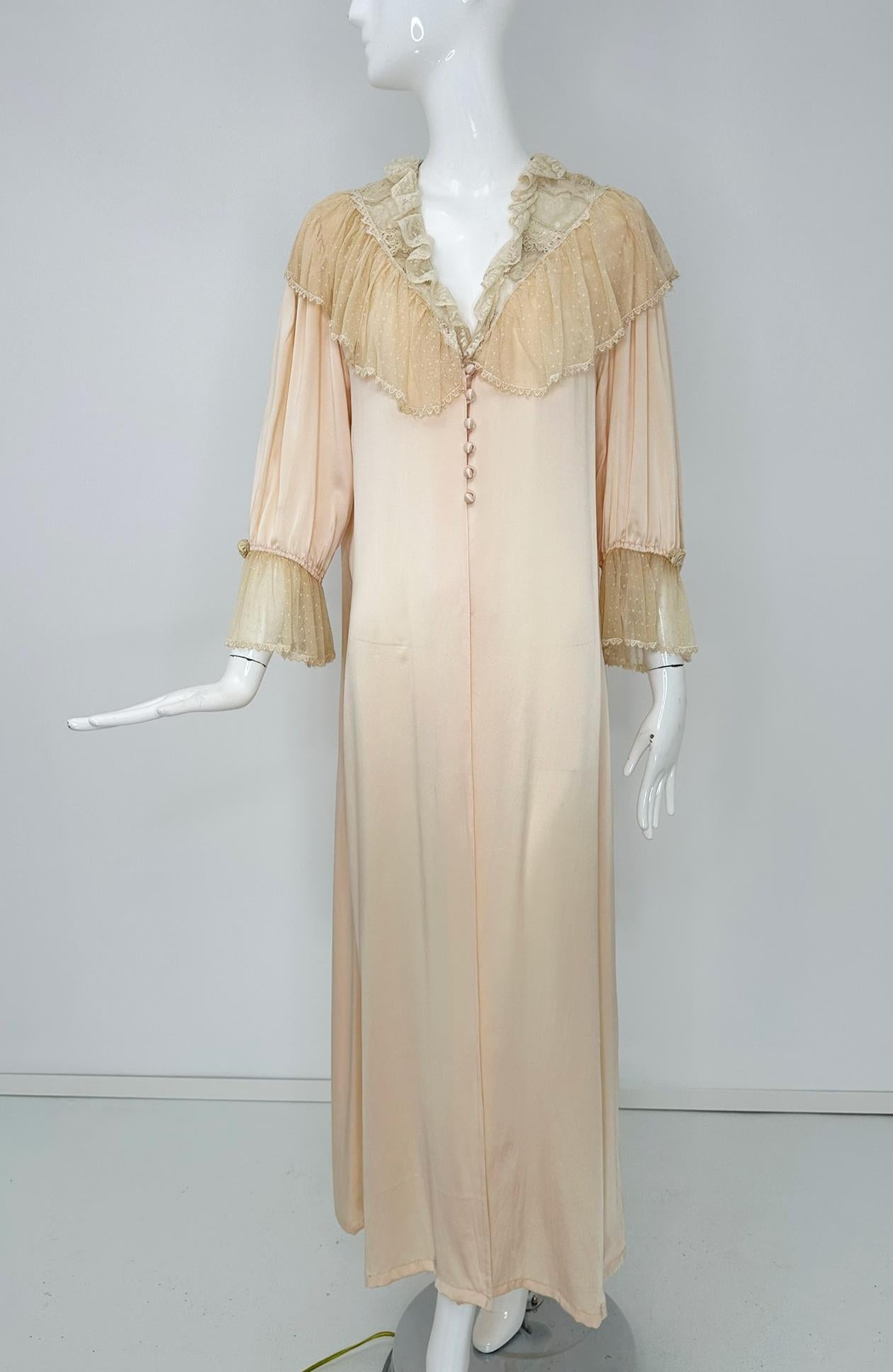 1970s Pink Silk & Antique Lace Dressing Gown with Ribbon Rosettes & Dotted Tulle For Sale 6