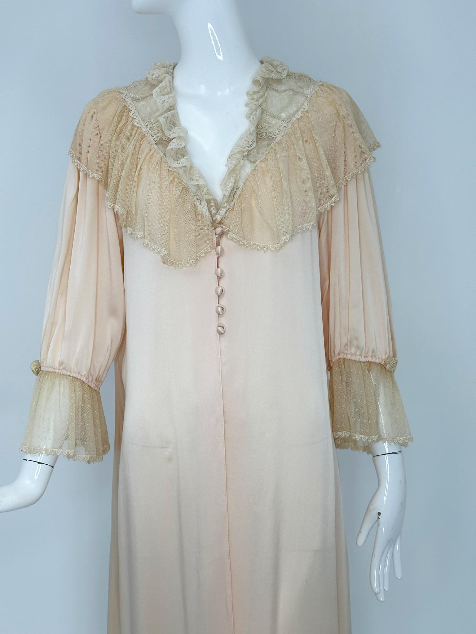 1970s Pink Silk & Antique Lace Dressing Gown with Ribbon Rosettes & Dotted Tulle For Sale 7