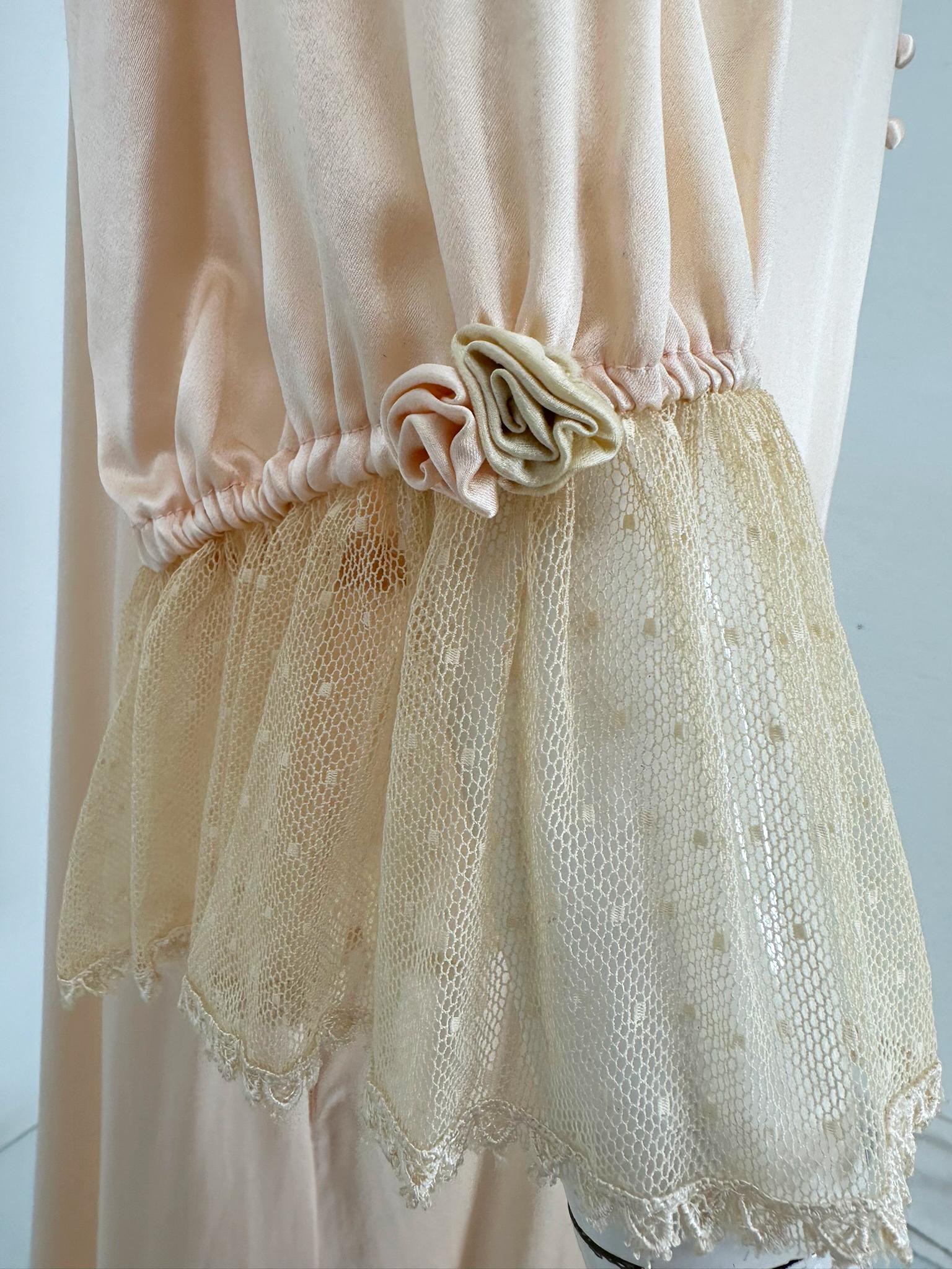 1970s Pink Silk & Antique Lace Dressing Gown with Ribbon Rosettes & Dotted Tulle For Sale 8