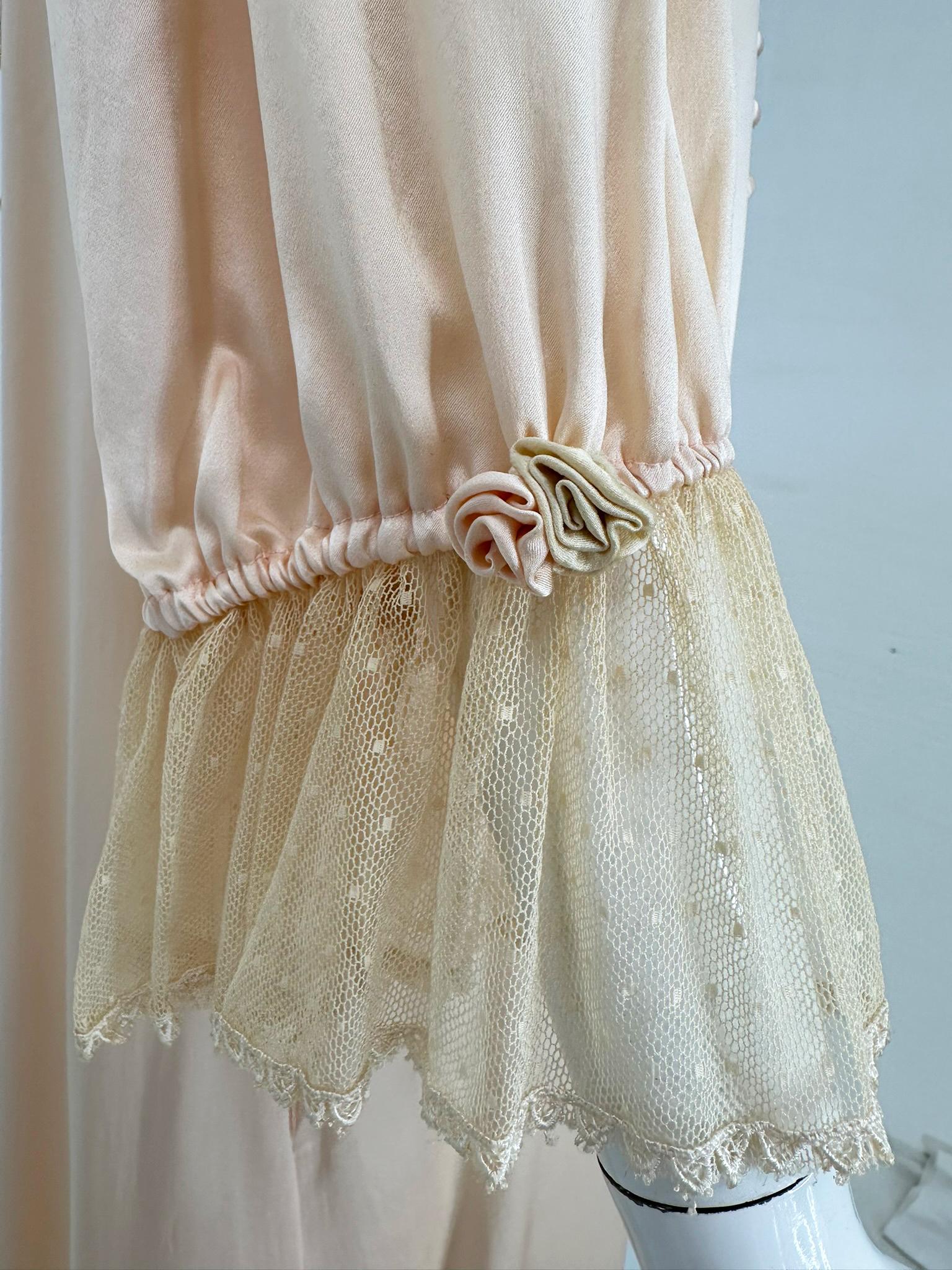 1970s Pink Silk & Antique Lace Dressing Gown with Ribbon Rosettes & Dotted Tulle For Sale 9