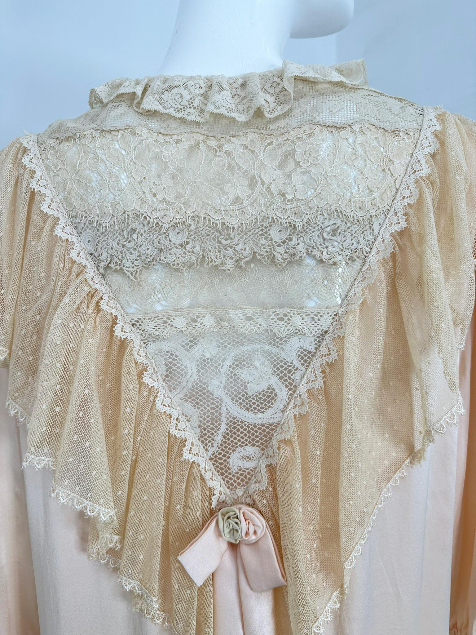 1970s Pink Silk & Antique Lace Dressing Gown with Ribbon Rosettes & Dotted Tulle For Sale 10