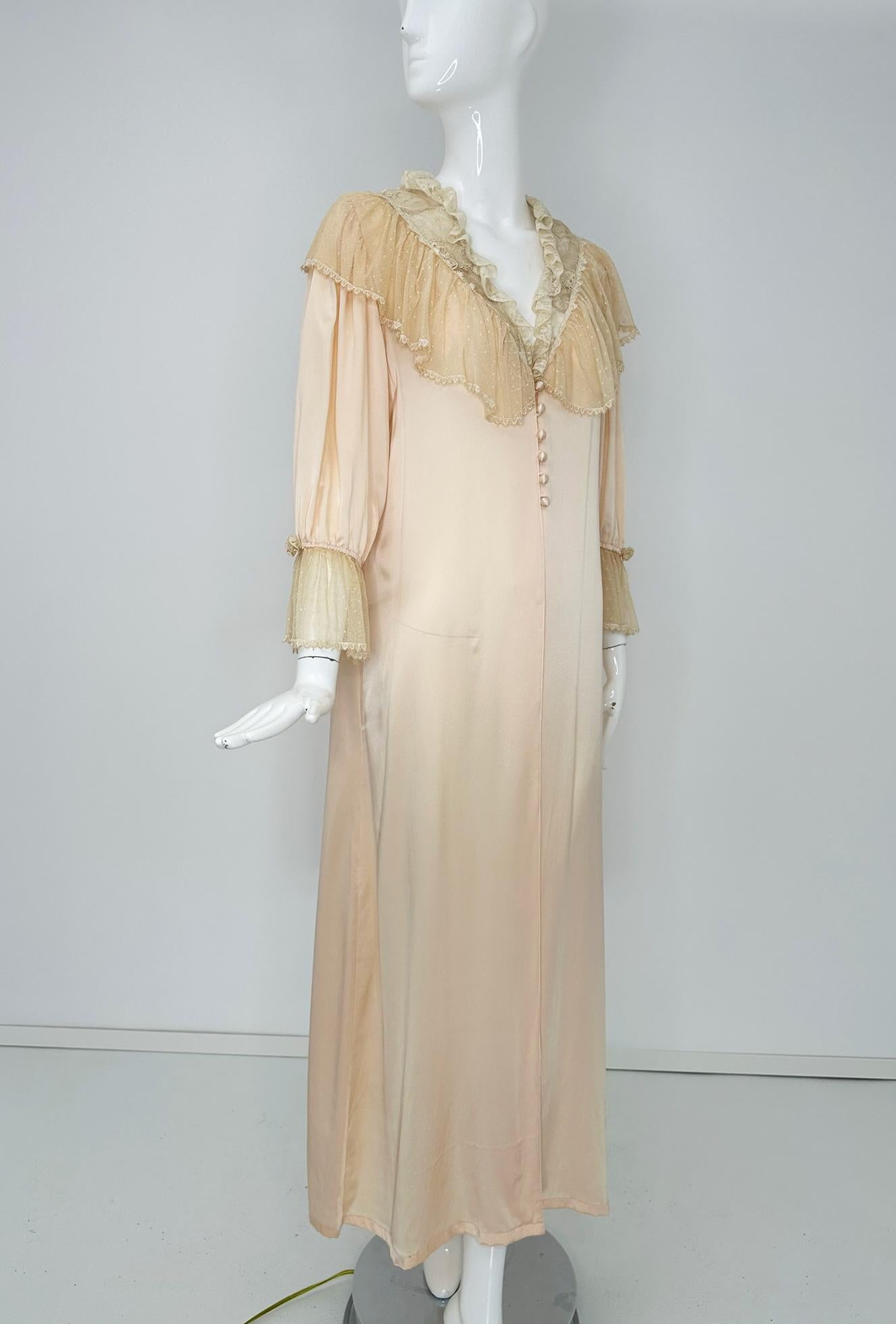 1970s pink silk and antique lace dressing gown with ribbon rosettes & dotted tulle ruffles, Christine & Company Vancouver. Beautiful silk dressing gown with a V neckline inset with Irish Crochet lace, file lace & Valenciennes lace with a deep ruffle