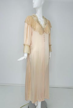 1970s Pink Silk & Antique Lace Dressing Gown with Ribbon Rosettes & Dotted Tulle