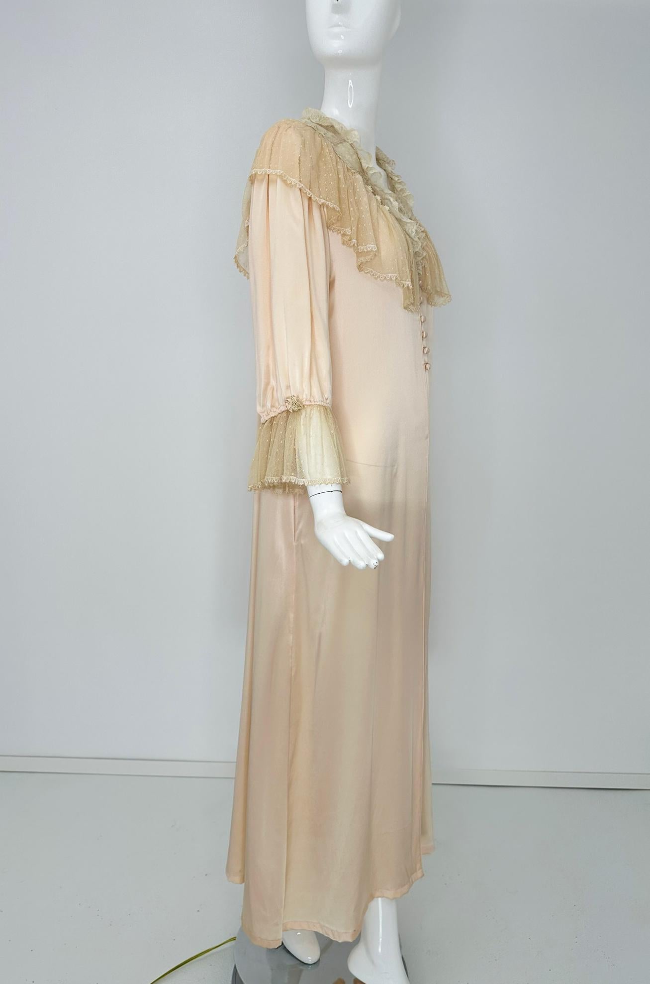 Beige 1970s Pink Silk & Antique Lace Dressing Gown with Ribbon Rosettes & Dotted Tulle For Sale