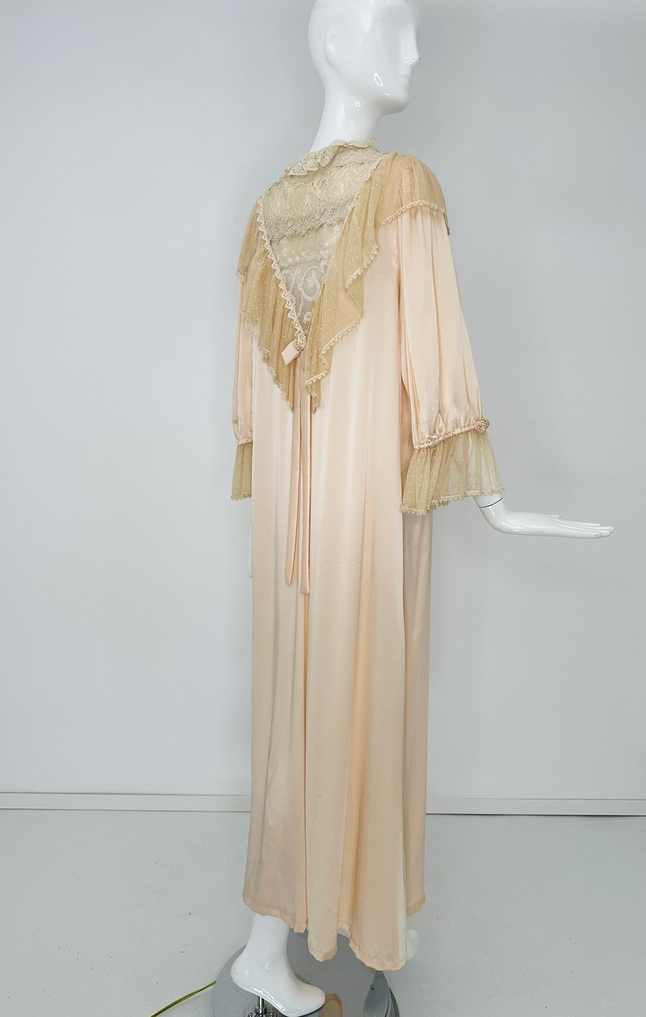 Women's 1970s Pink Silk & Antique Lace Dressing Gown with Ribbon Rosettes & Dotted Tulle For Sale