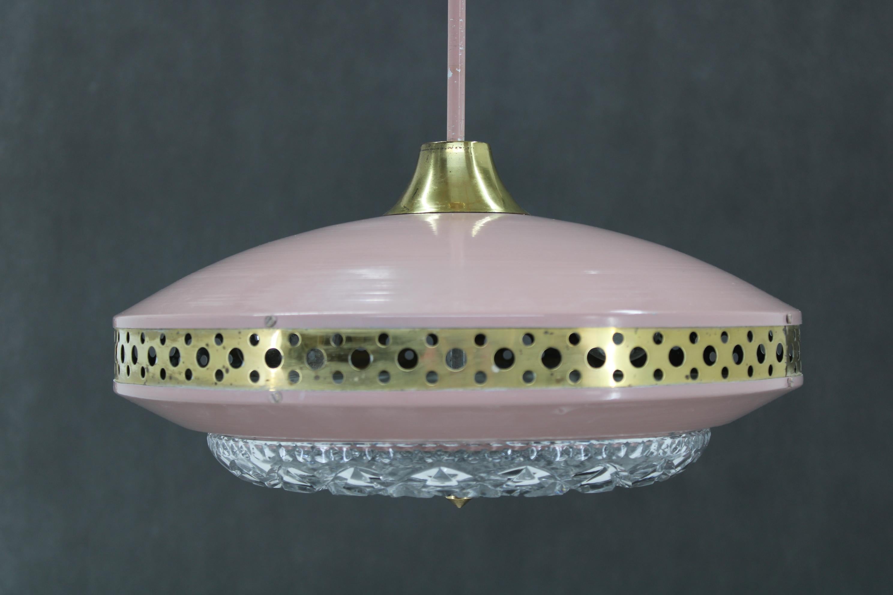 - Pink  metal ring pendant with brass perforated strip by LUDIB Bratislava
- Good original condition with minor signs of use 
- 2x, E26 or E27 bulbs