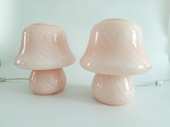1970s Pink Swirl Murano Glass Mushroom Table Lamps Pair, Vetri Attributed