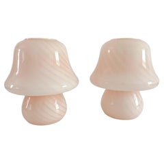 1970s Pink Swirl Murano Glass Mushroom Table Lamps Pair, Vetri Attributed