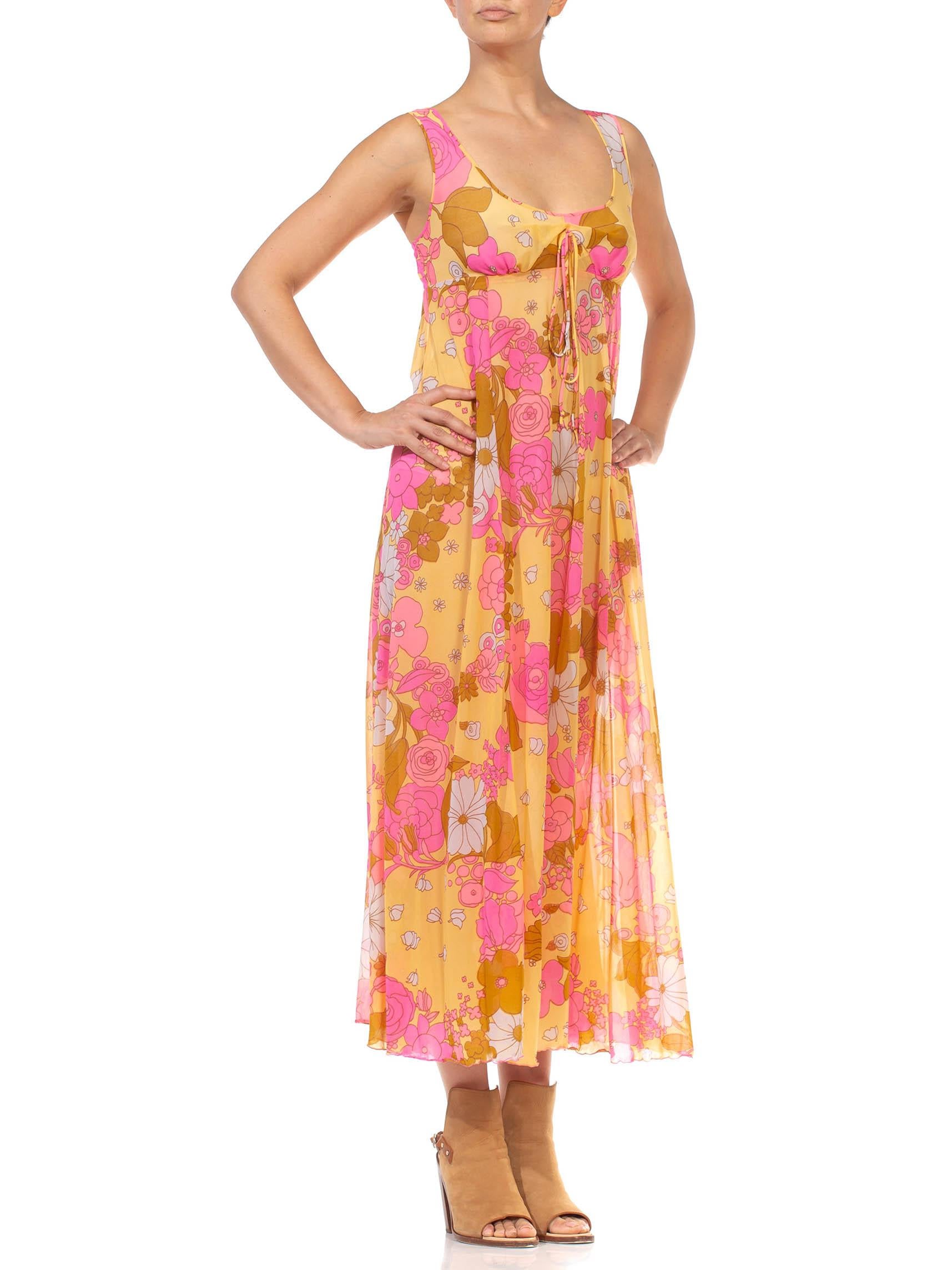 1970S Pink & Yellow Nylon Tricot Jersey Floral Print Empire Waist Negligee Dress 5