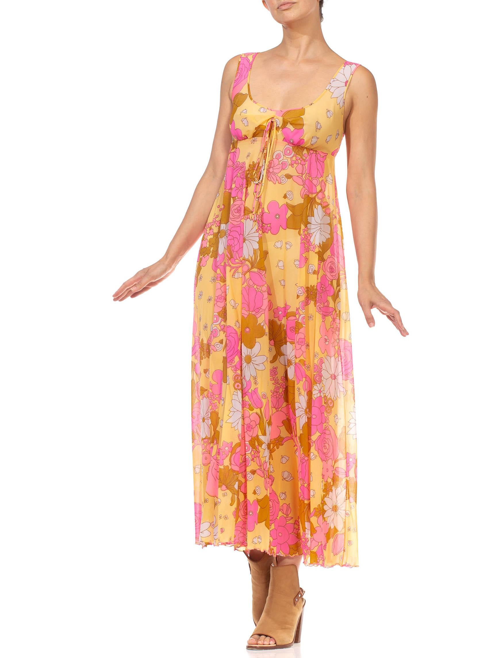 Orange 1970S Pink & Yellow Nylon Tricot Jersey Floral Print Empire Waist Negligee Dress
