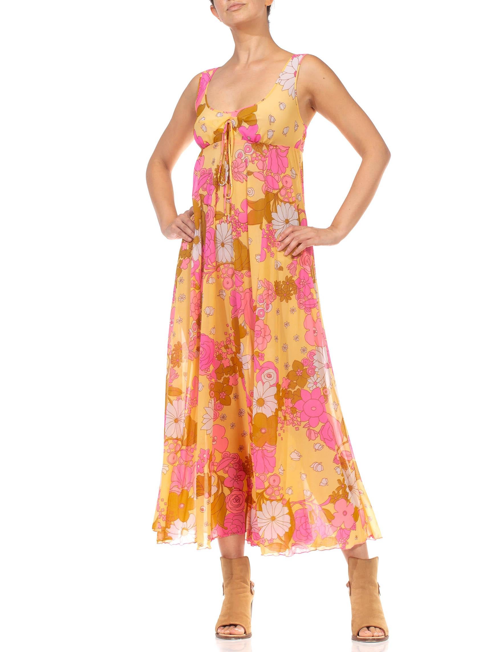 1970S Pink & Yellow Nylon Tricot Jersey Floral Print Empire Waist Negligee Dress In Excellent Condition In New York, NY