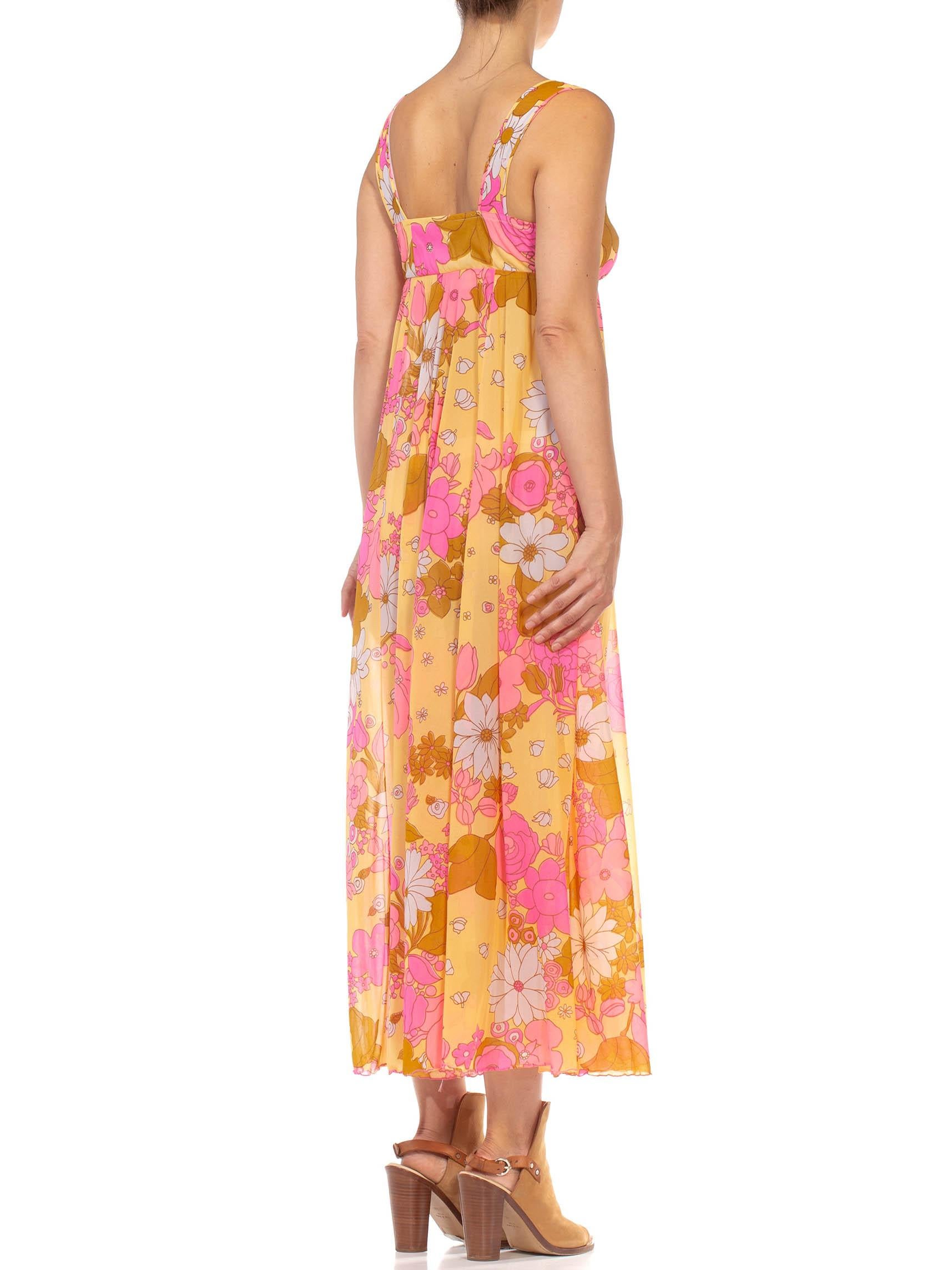 Women's 1970S Pink & Yellow Nylon Tricot Jersey Floral Print Empire Waist Negligee Dress