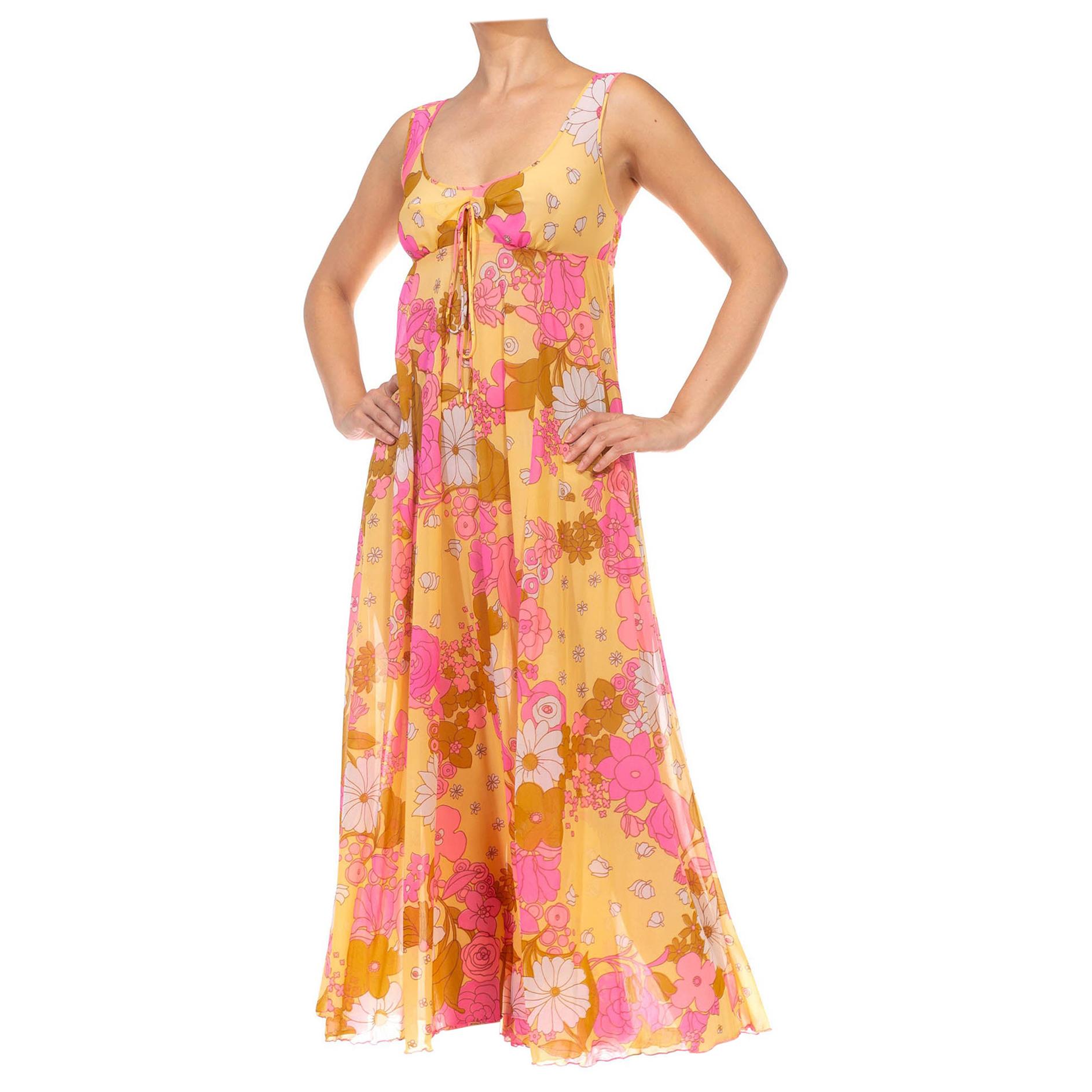 1970S Pink & Yellow Nylon Tricot Jersey Floral Print Empire Waist Negligee Dress