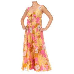 1970S Pink 
Yellow Nylon Tricot Jersey Floral Print Empire Waist Negligee Dress