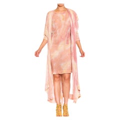 1970S Pink Yellow & Orange Knit Layered Boho Dress Vest Ensemble