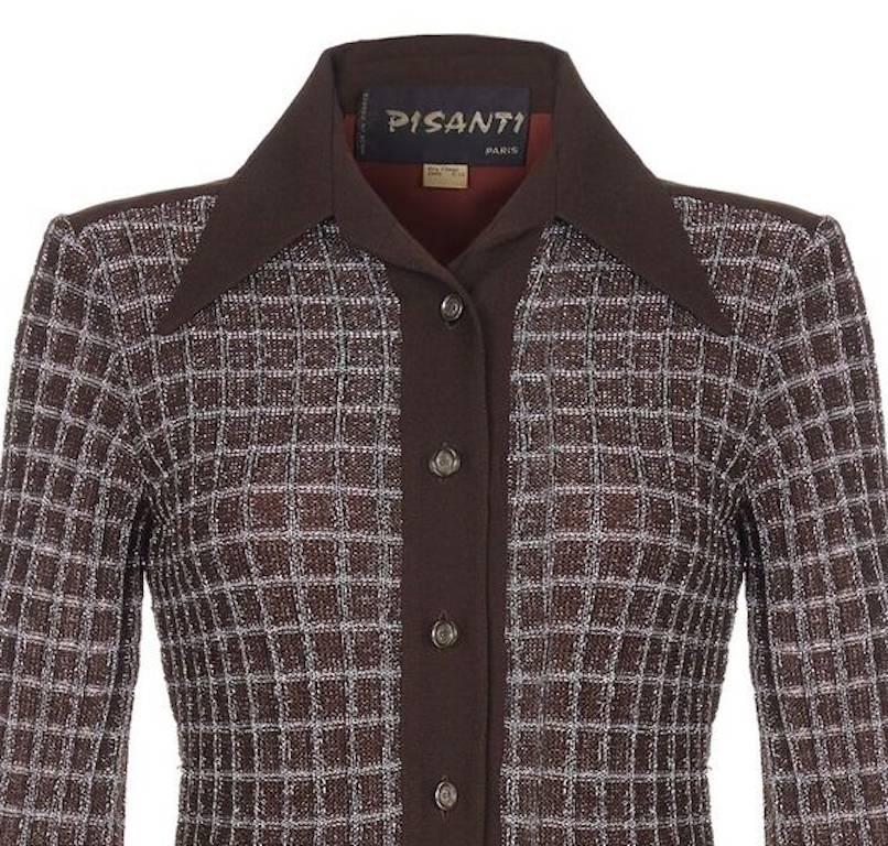 Vestido marrón Pisanti de los años 70 con solapa ancha y corpiño cojo Negro en venta