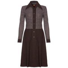 Vintage 1970s Pisanti Brown Dress with Wide Lapel and Lame Bodice