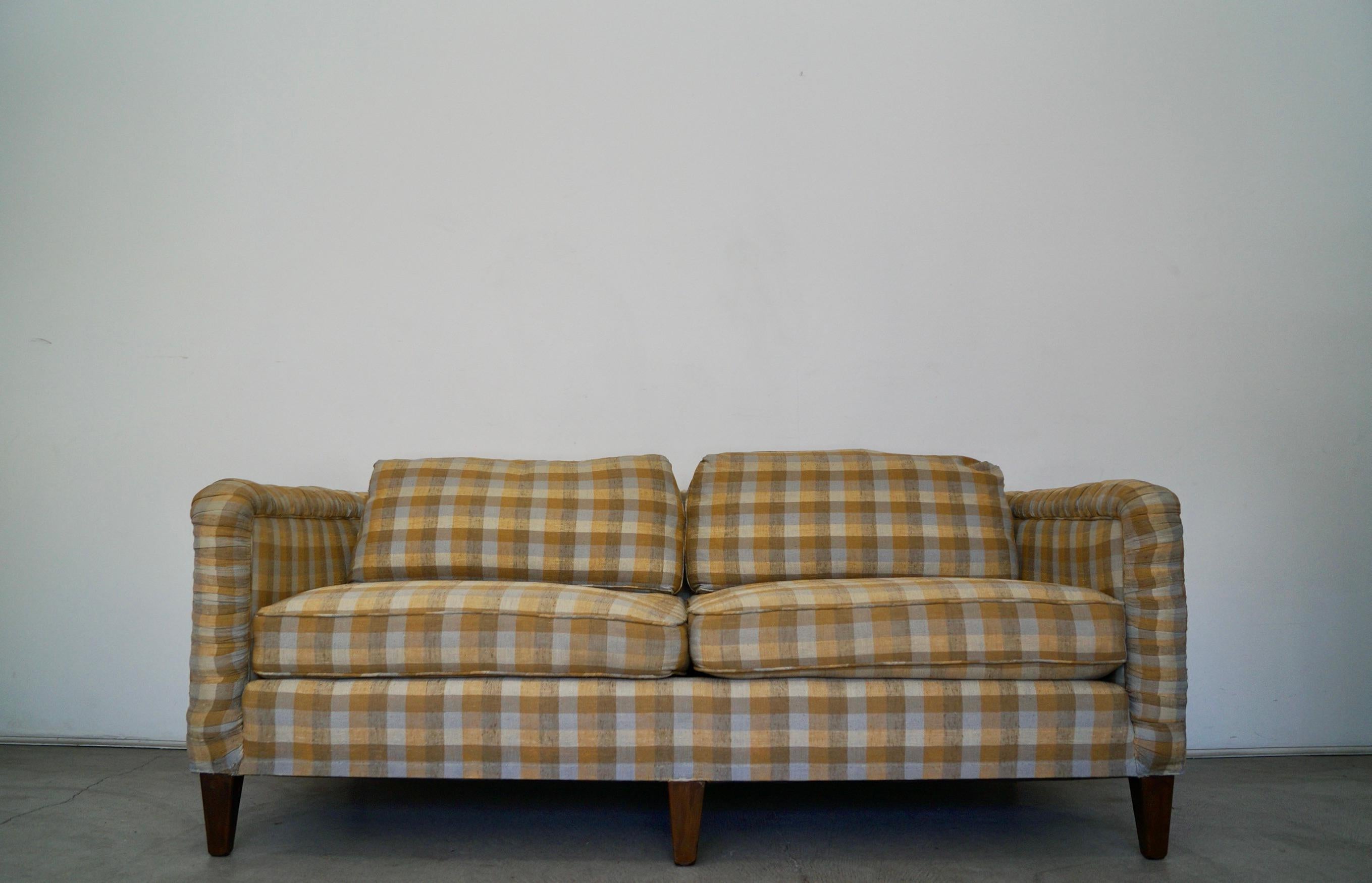 Mid-Century Modern 1970s Plaid Linen Beverly Interiors Down-Filled Sofa