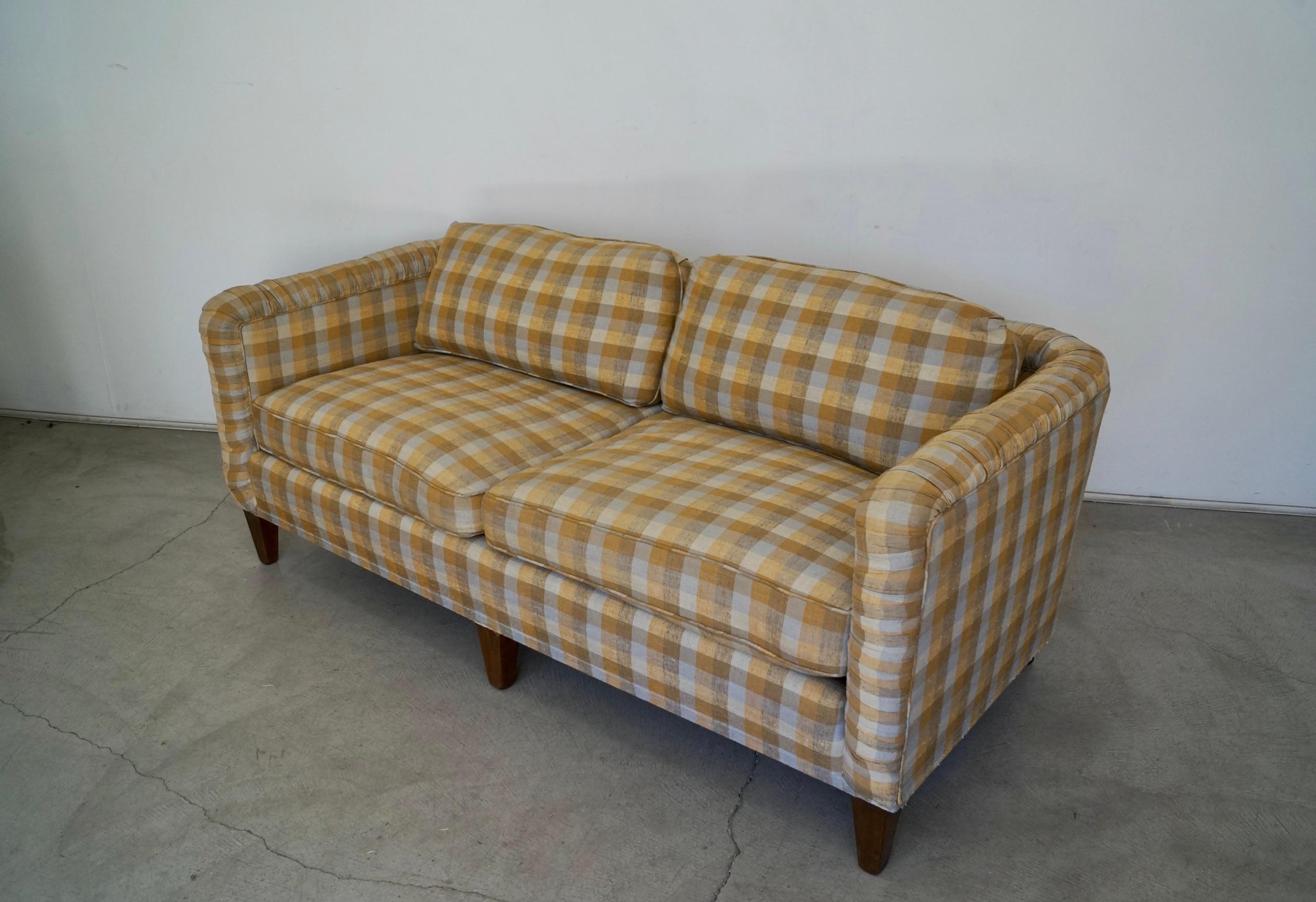American 1970s Plaid Linen Beverly Interiors Down-Filled Sofa