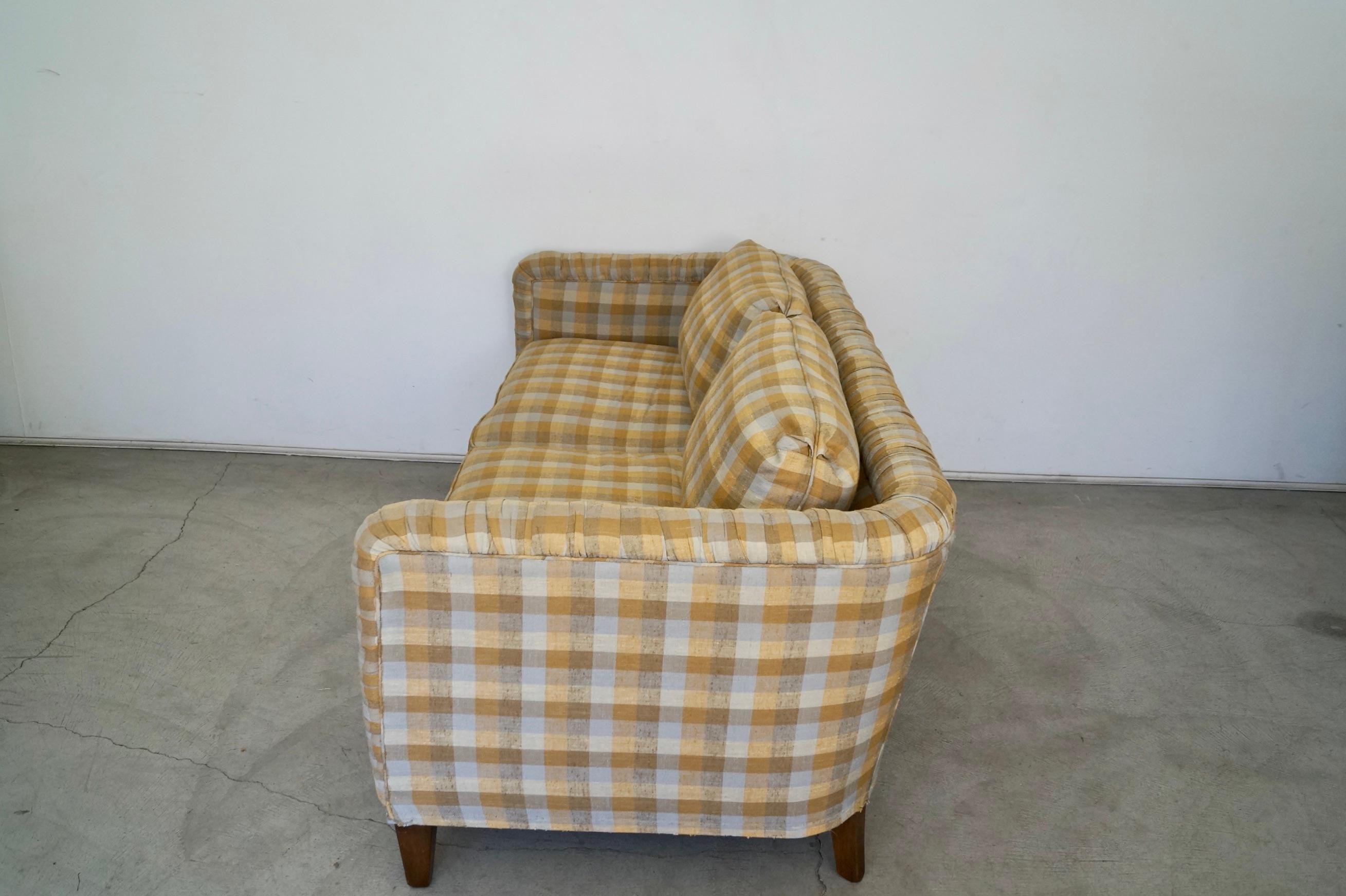 1970s Plaid Linen Beverly Interiors Down-Filled Sofa In Excellent Condition In Burbank, CA