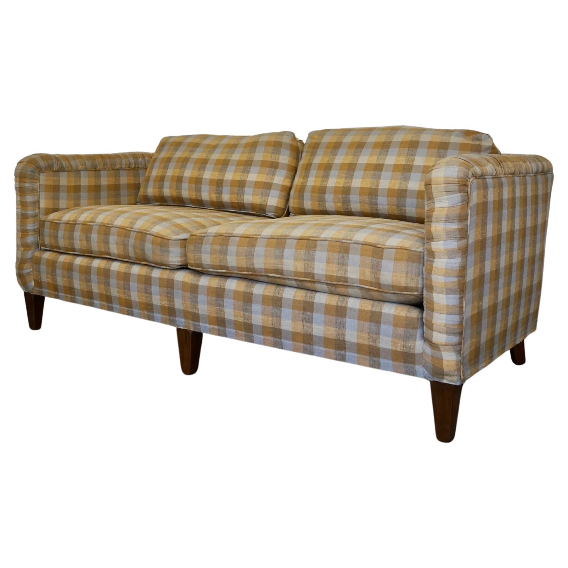 1970s Plaid Linen Beverly Interiors Down-Filled Sofa