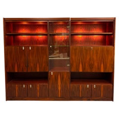 1970s Planum Rosewood and Mahogany Lighted Wall Unit with Desk Mid Century